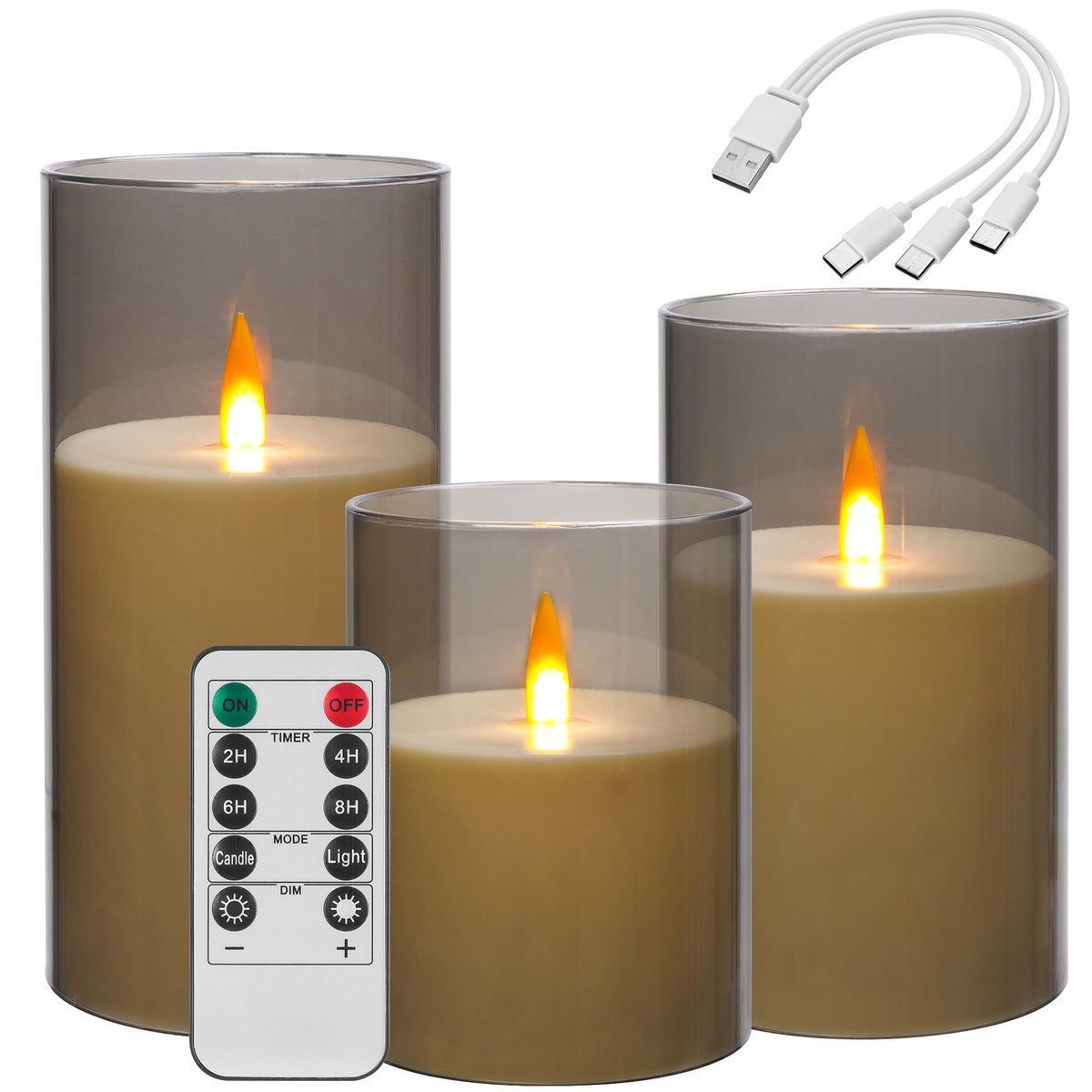 Da By Rechargeable Flameless Candle, Type-C Rechargeable Battery Candlewith Remote Control And Timer Function,Set Of 3,Can Last 