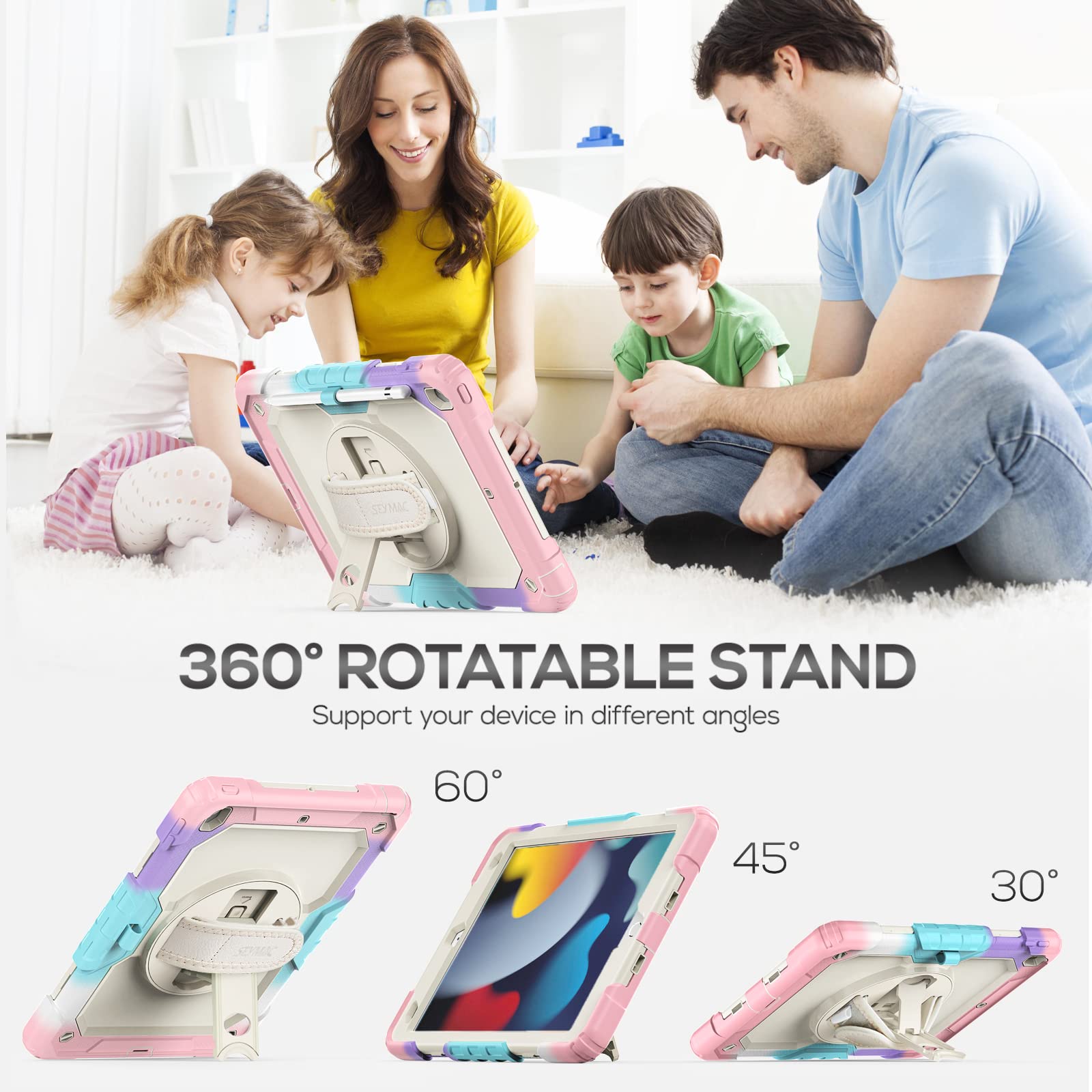 Seymac Kids Case For Ipad 9Th/8Th/7Th Generation Case 10.2', Full Body Shockproof Heavy Duty Protective Case With Screen Protector, Rotating Stand/Handle/Shoulder Strap For Ipad 10.2, Colorful Pink
