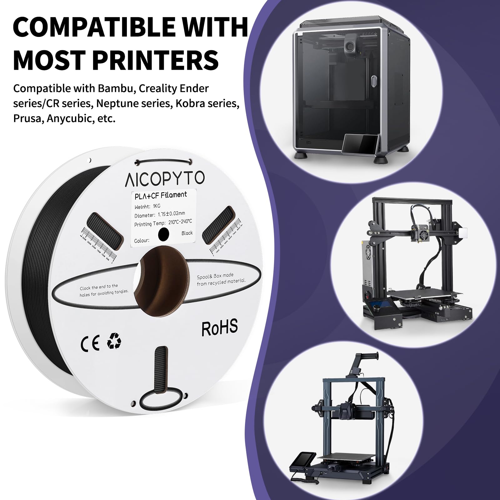 Aicopyto Carbon Fiber Pla (Pla-Cf) Filament, 3D Printing1.75Mm 1Kg Spool(2.2 Lbs) Dimensional Accuracy +/- 0.02Mm - Pla Cf Filam