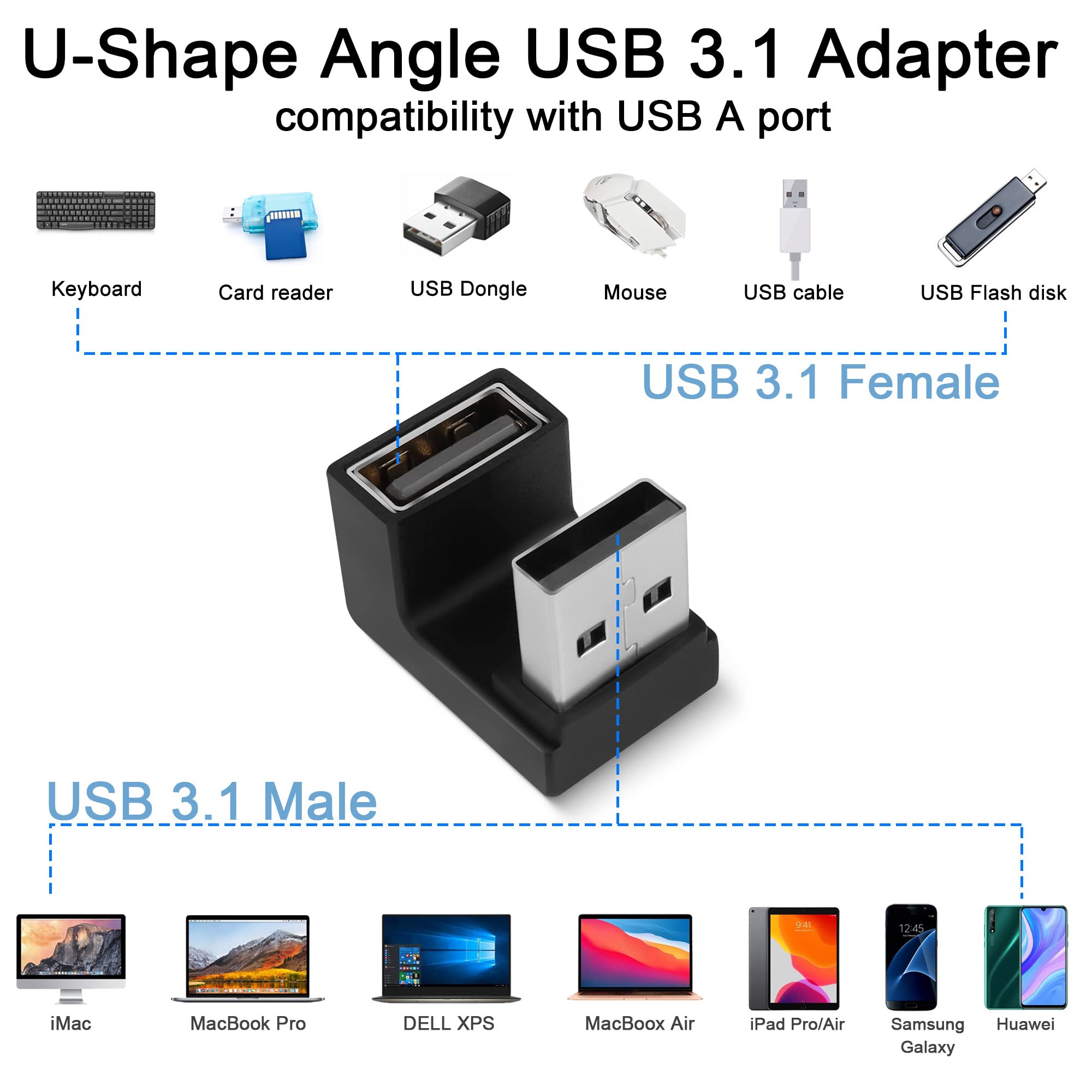 Qianrenon U Shape Angle Usb 3.1 Adapter Converter 10Gbps 180 Degree Usb A Male To Female Coupler Connector, Support Data Transfer Otg 3A Charging, For Pc Laptop Mobile Power, 2Pcs (Female Up)