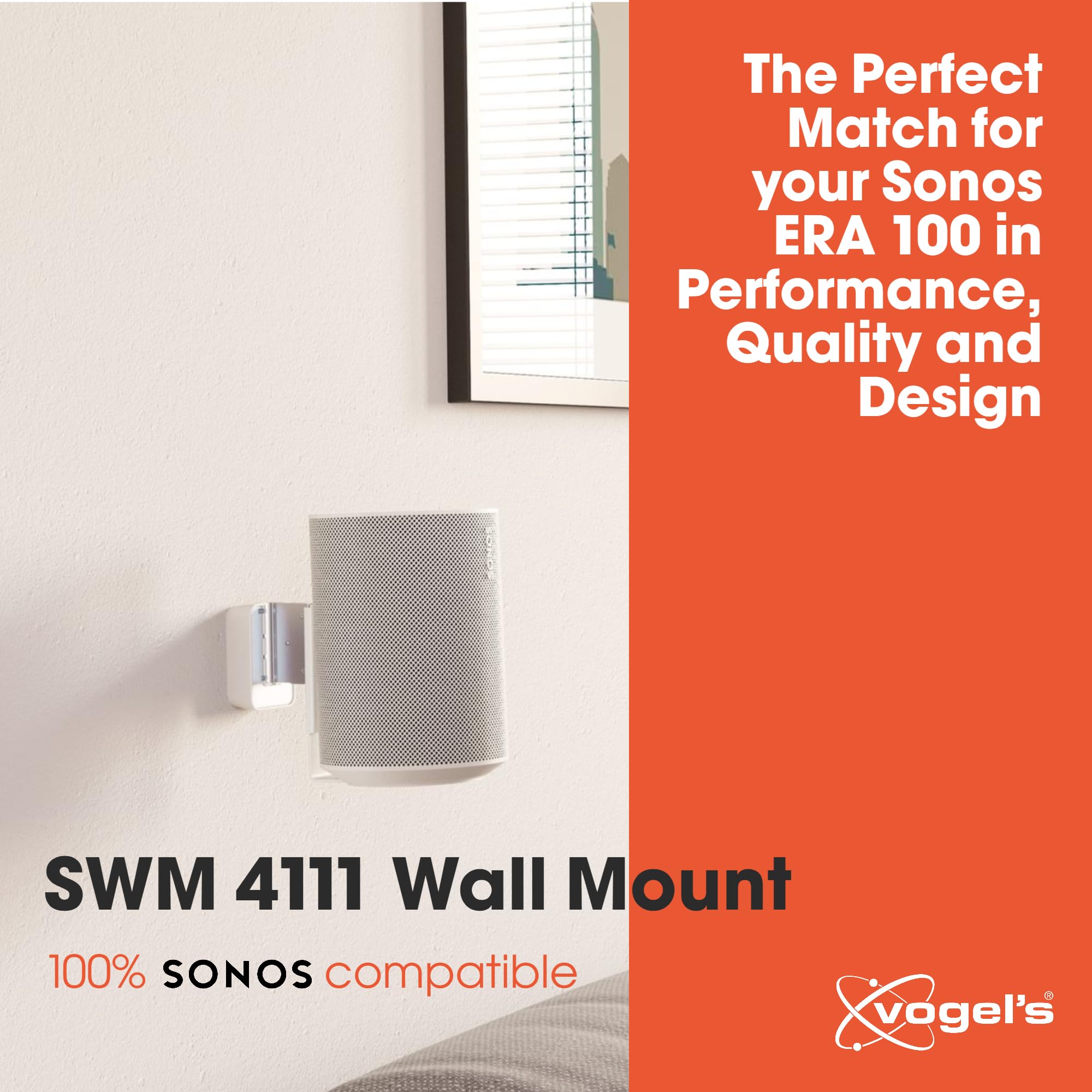 Vogel'S Swm 4111 Speaker Wall Bracket For Sonos Era 100, Max. 11 Lbs (5 Kg), Tiltable  30/+30, Swivels Up To 70 (Left/Right), Wh