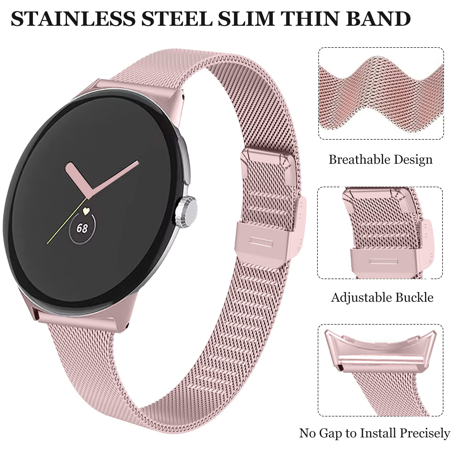 Ninki Stainless Steel Watch Band Compatible For Slim Google Pixel Watch 2 Bands/Pixel Watch Band Women Men,[No Gap] Metal Busine
