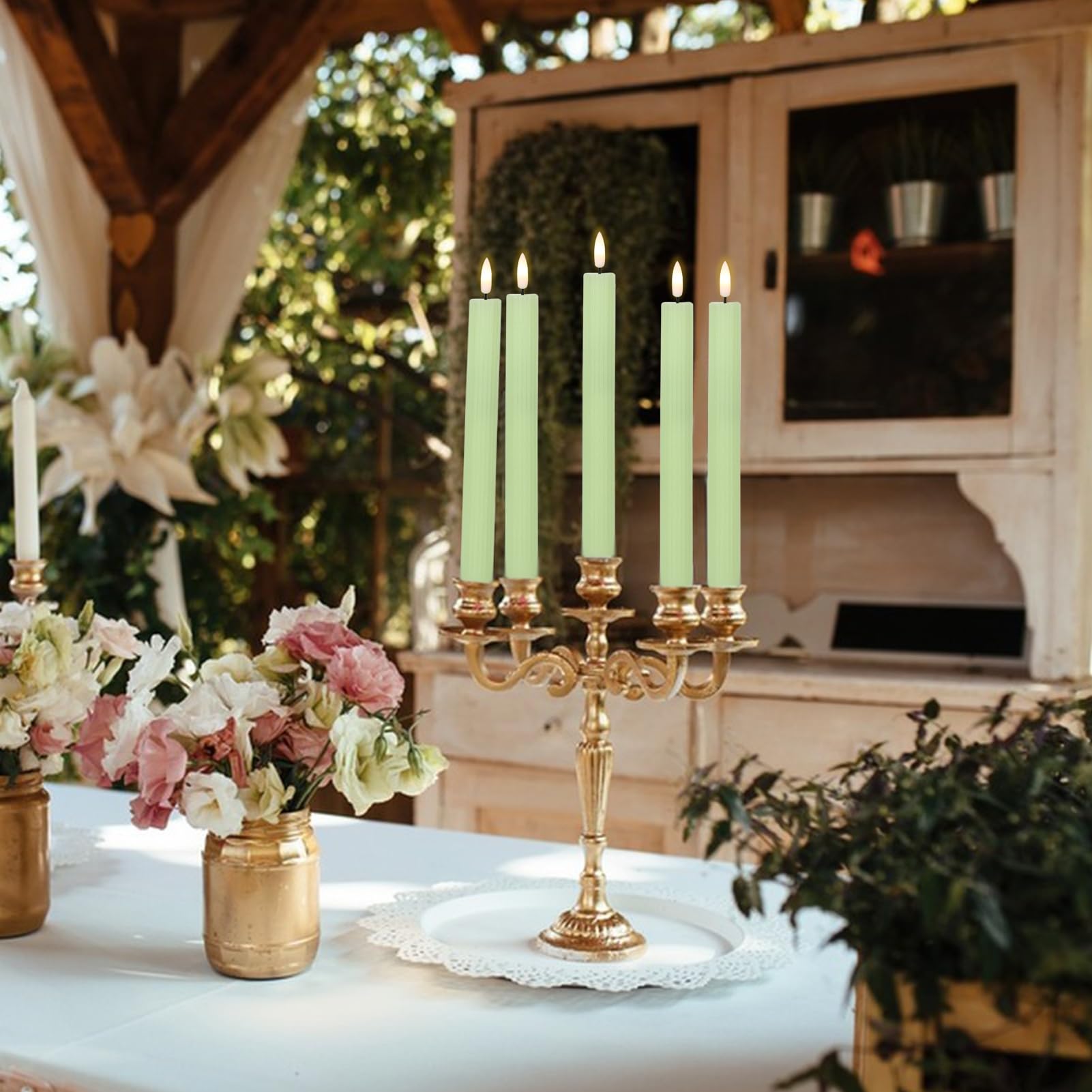 Dromance Green Flameless Flickering Taper Candles Battery Operated With 10 Key Remote And Timer 6 Packs 3D Wick Vertical Stripe