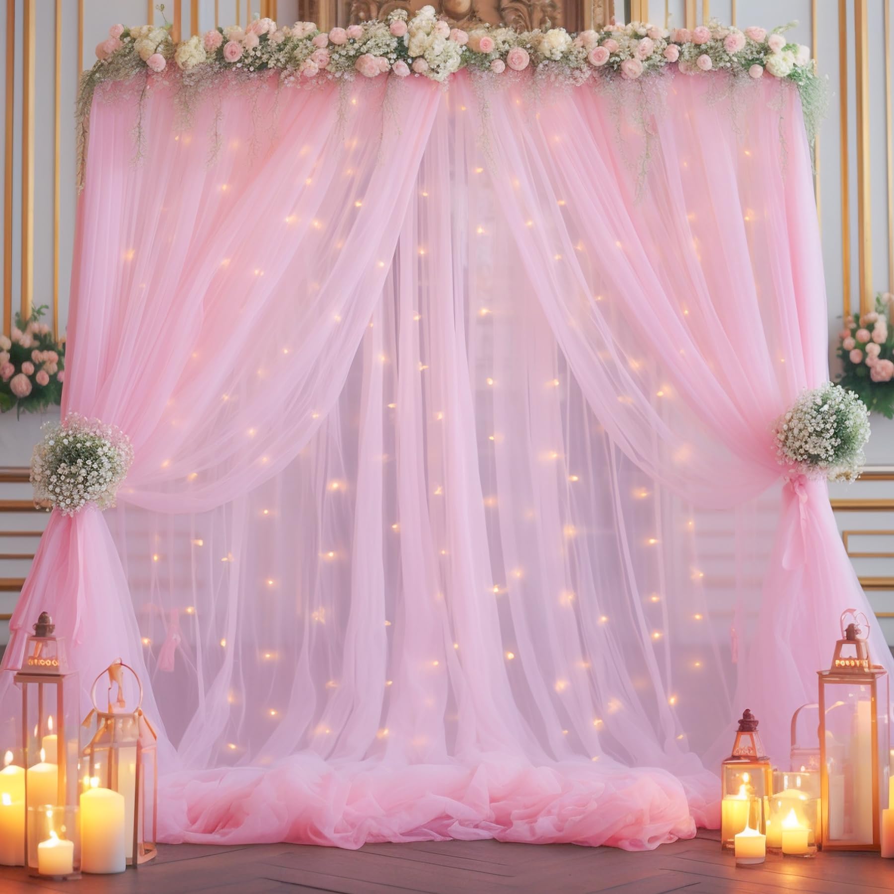 10X8Ft Baby Pink Tulle Backdrop Curtain With Lights String For Parites, Sheer Backdrop Curtains For Wedding Baby Shower Birthday