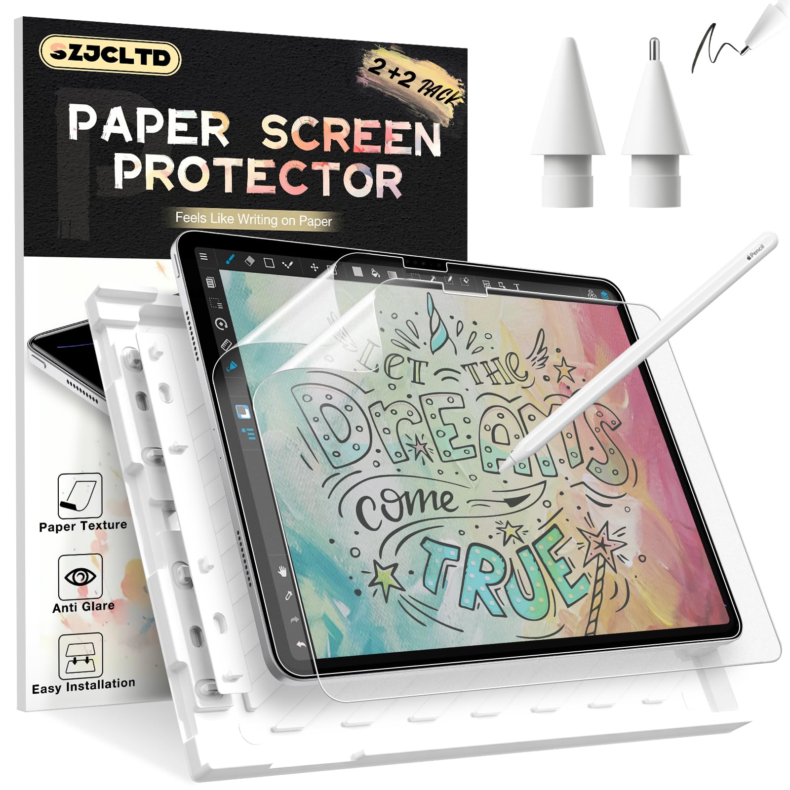Szjcltd [2 Pack] Paper Screen Protector For Ipad Pro 11 Inch 2024 + [2 Pack] Replacement Tips For Apple Pencil, Anti Glare Matte