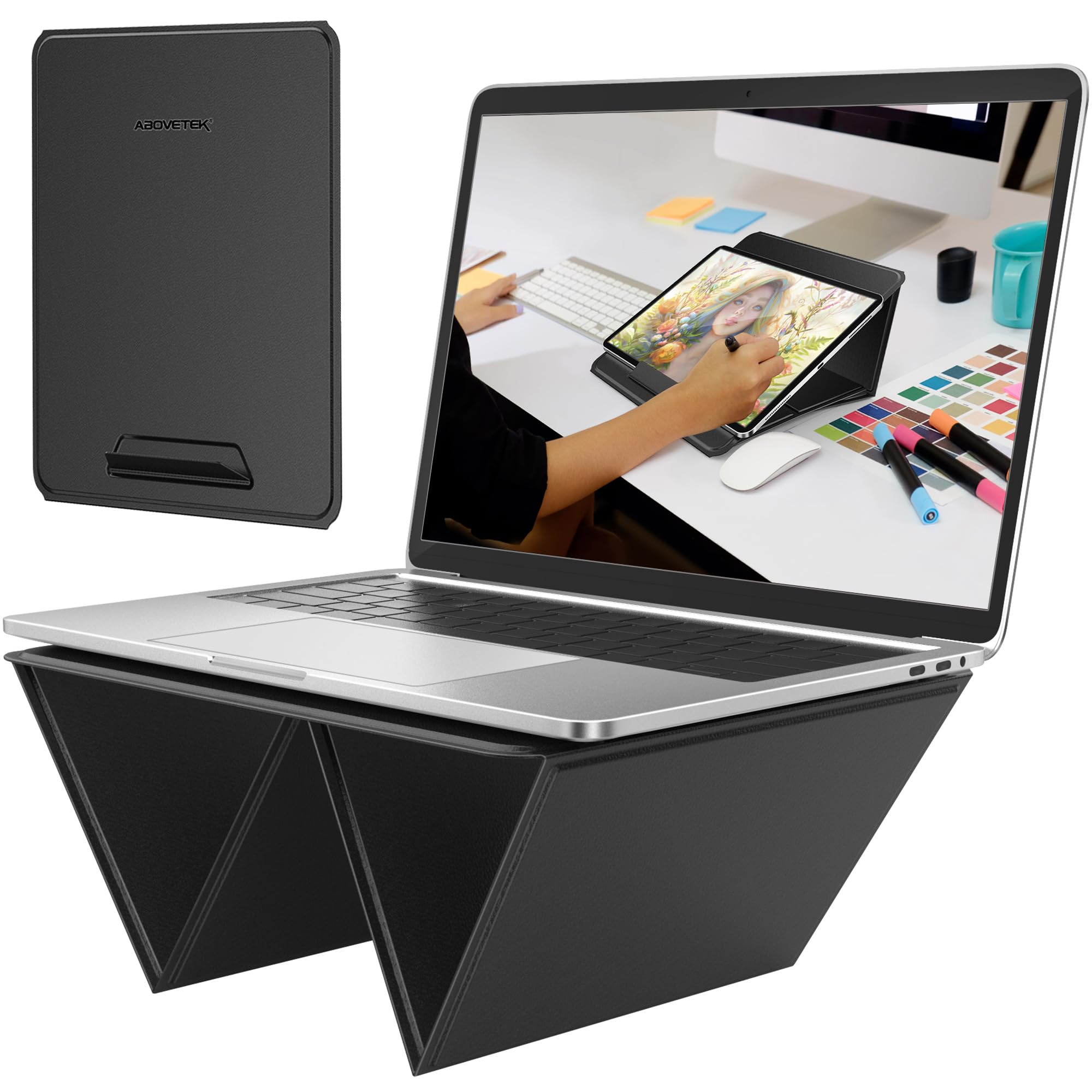 AboveTEK Portable Tablet Stand, 2 in 1 Foldable iPad Stand & Laptop Holder for Desk, Adjustable Travel Stand for 14'~17' MacBook Air/Pro/Tablets/Kindle, Ultra Sleek PU Leather Computer Riser