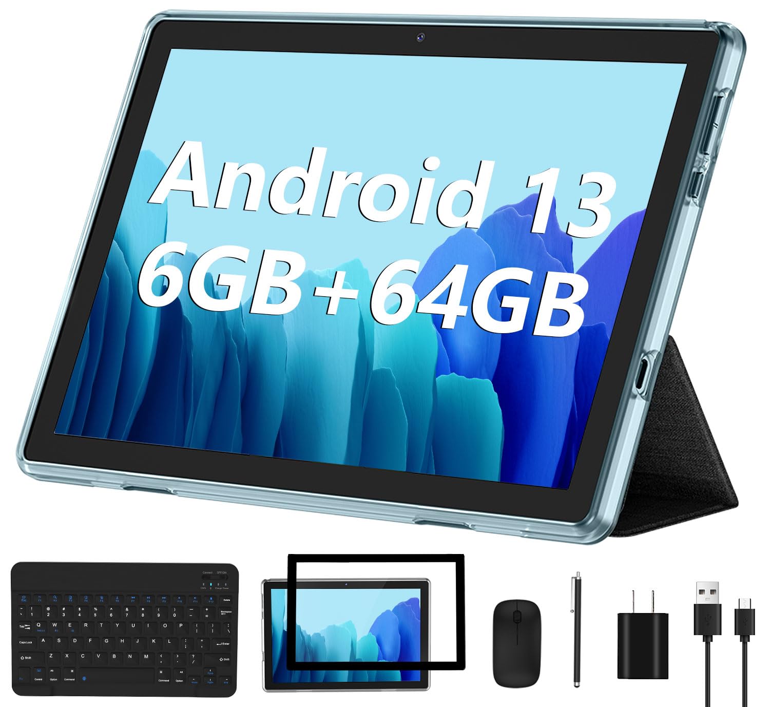 Android 13 Tablet 2023 New 10 Inch Tablets With 6Gb Ram + 64Gb Rom + 1Tb Expanded Ouad Core, 2 In 1 Tablet With Keyboard Mouse W