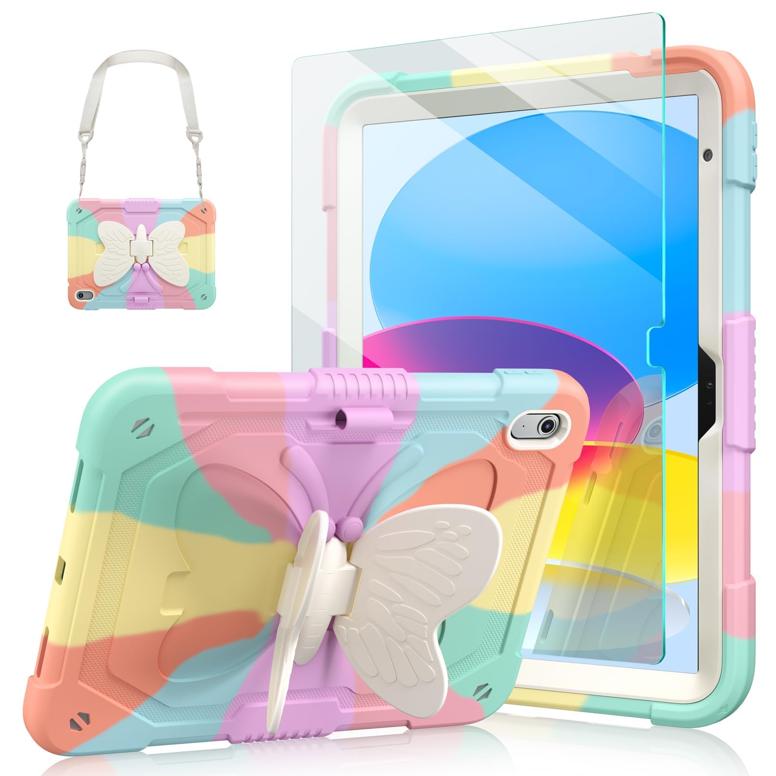 Ambison Case For Ipad (A16) 11Th/10Th Generation (2025/2022) 11''/10.9'' For Kids Girls With 9H Tempered Glass Screen Protector, Heavy Duty Protective With Butterfly Stand, Carrying Strap Multicolor