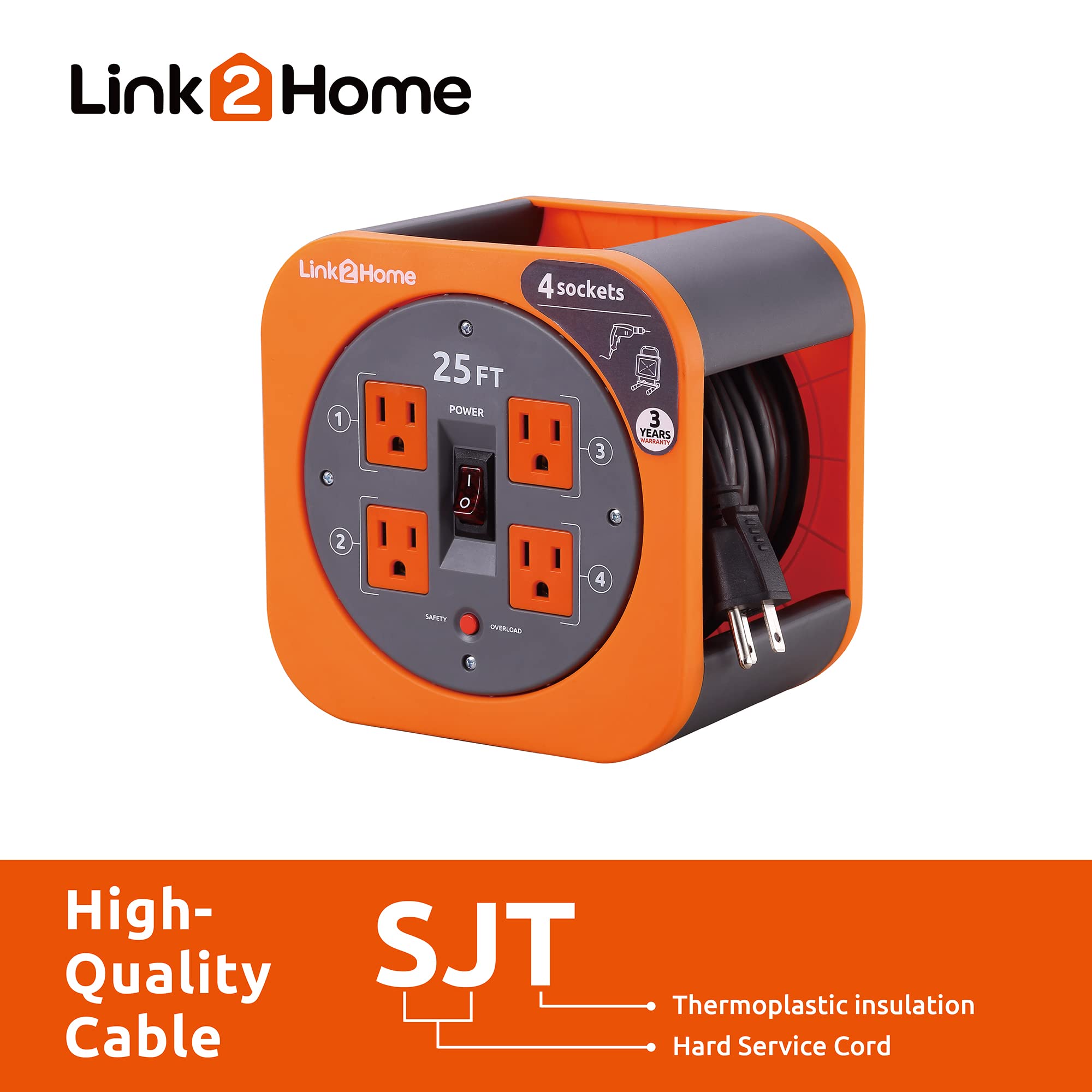 Link2Home Cord Reel 25 Ft. Extension Cord 4 Power Outlets   16 Awg Sjt Cable.
