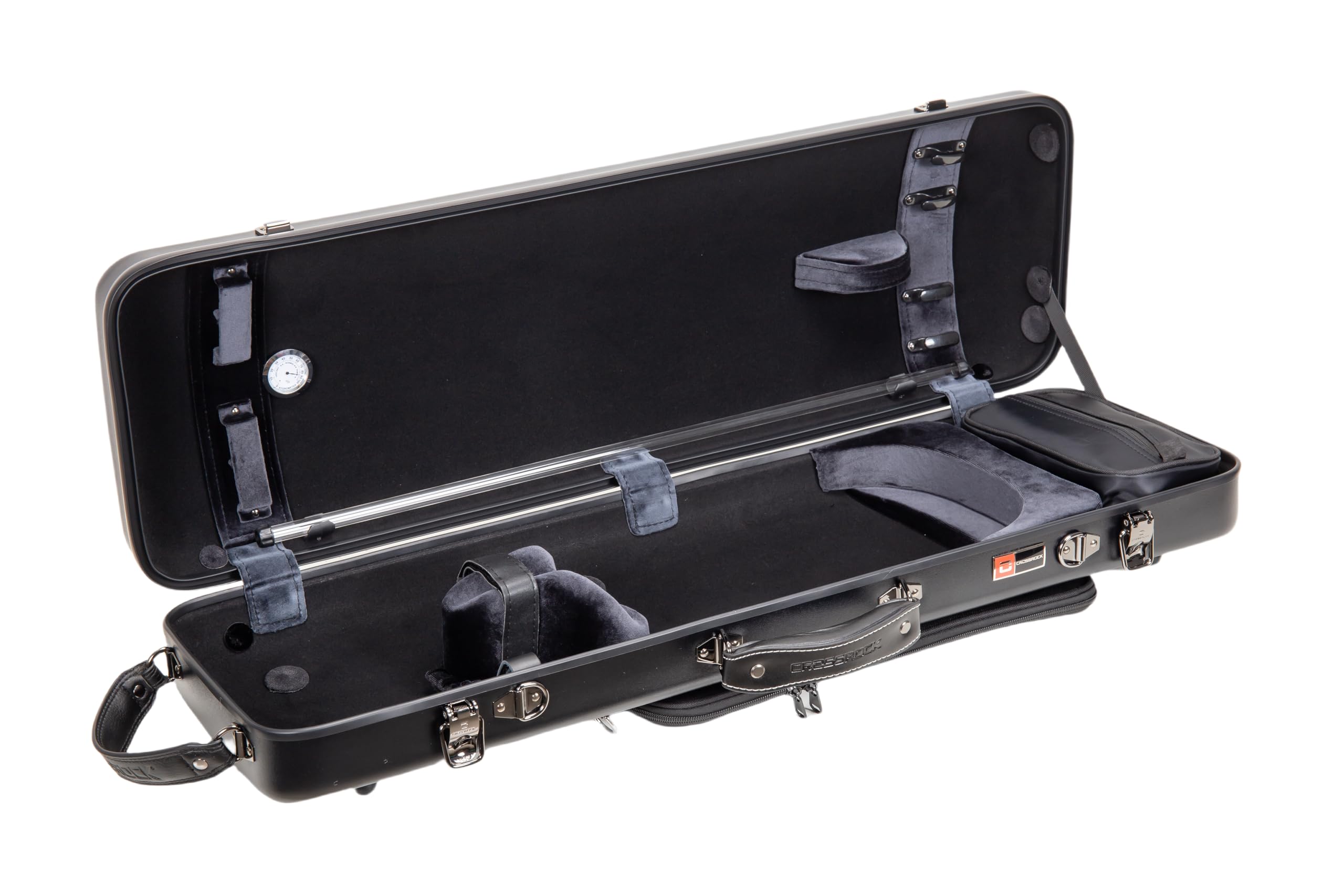 Crossrock Poly Carbon Oblong Violin Case For 4/4 Full-Size | Matte Black Finish, Hygrometer, Music Pouch, Accessory Storage - Li