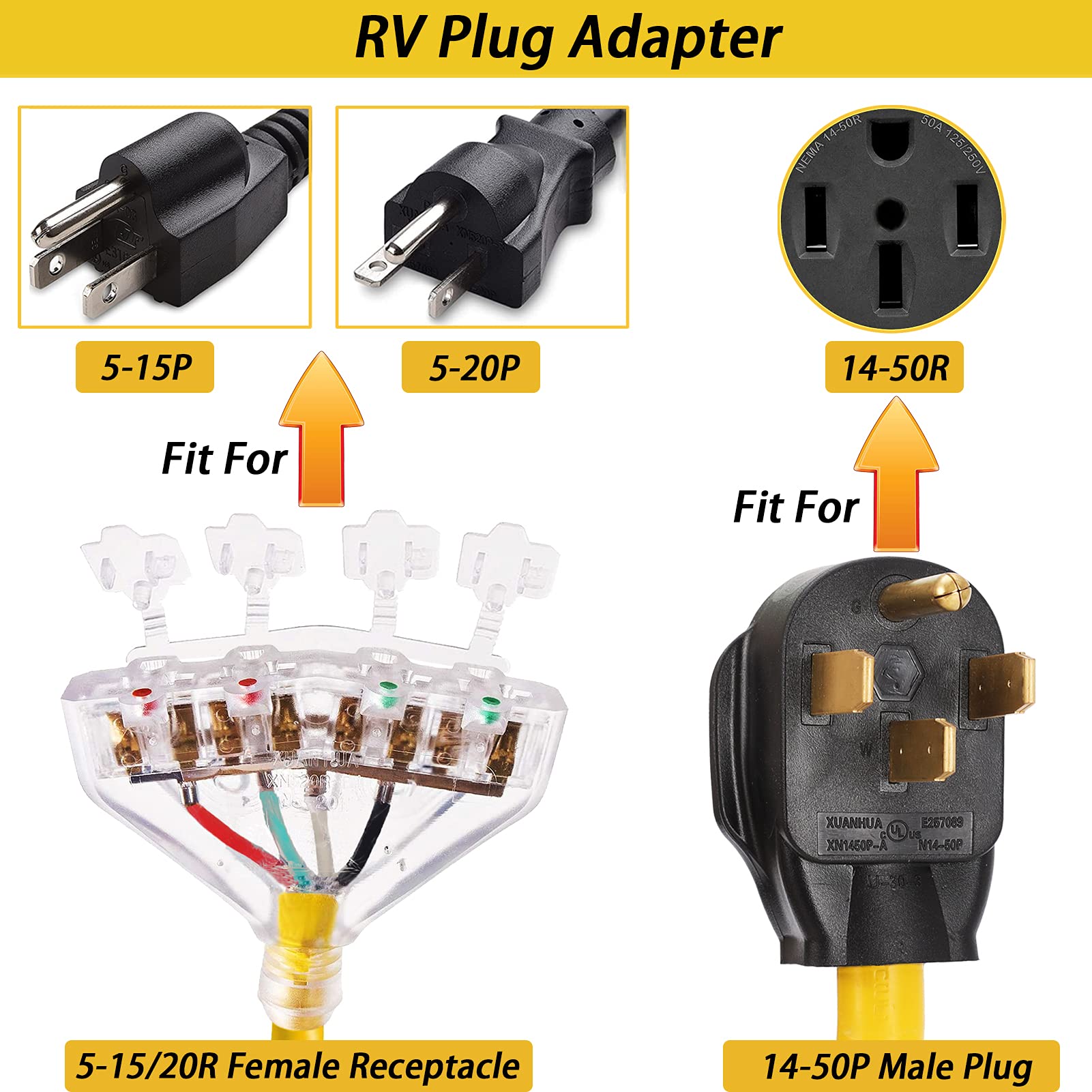 50 Amp To 110V 20 Amp Rv Adapter Cord, 4 Prong Nema 14 50P Male Plug To 4X 5 20R Household Outlet Female Connectors Adapter Cord