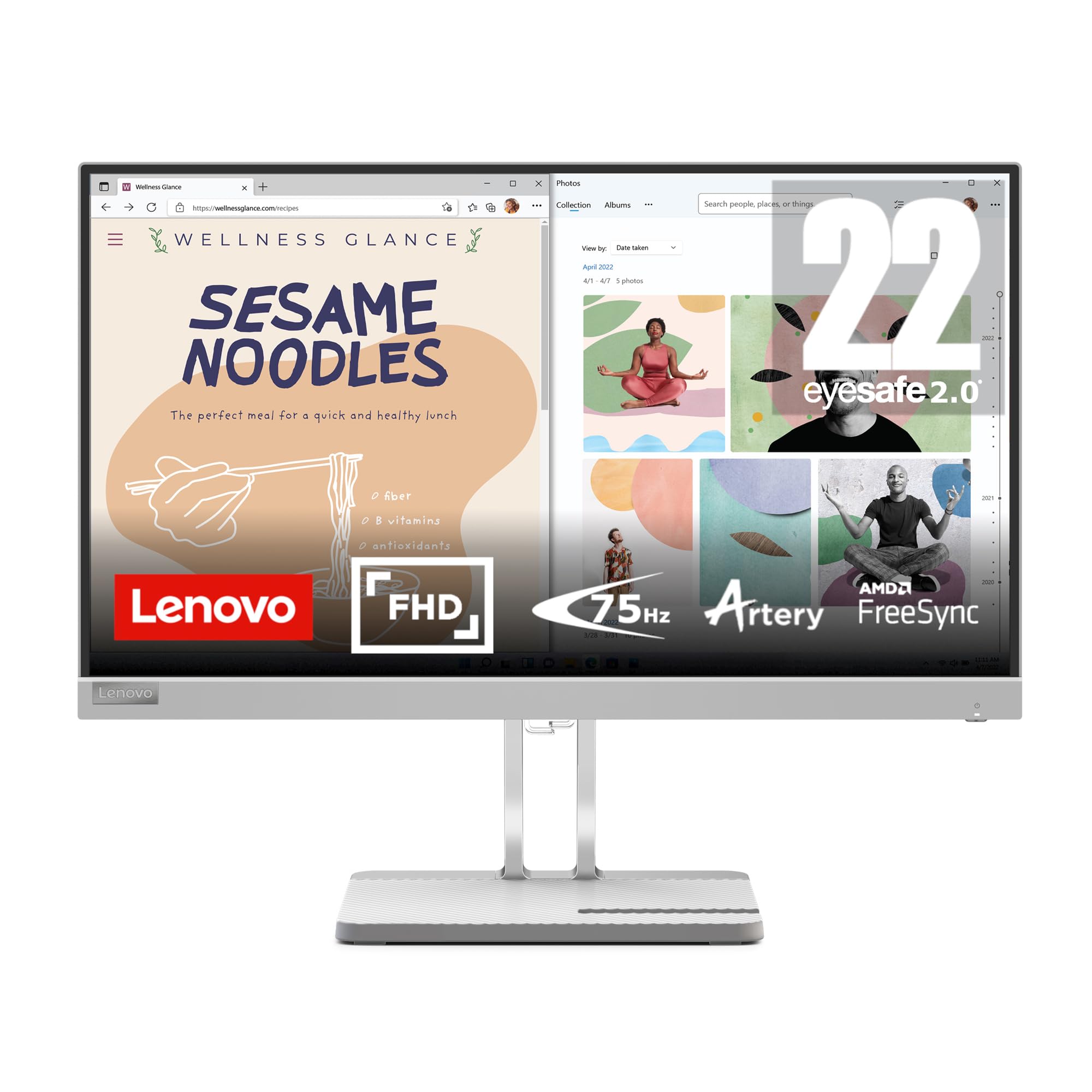 Lenovo L22e-40 Monitor, 21.45    FullHD Resolution, 250 nits Brightness, 75Hz Refresh Rate, AMD FreeSync, HDMI and VGA Ports, Ti