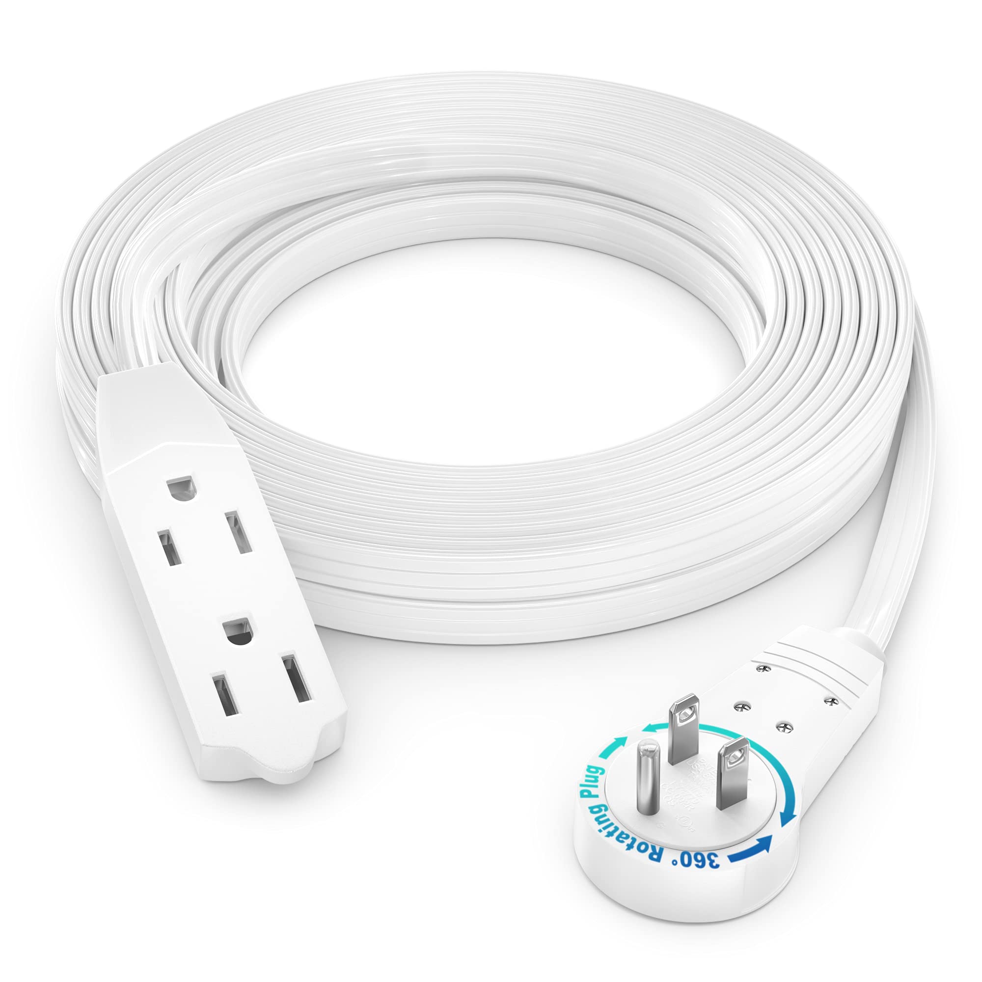 Maximm Cable 15 Ft 360� Rotating Flat Plug Extension Cord/Wire, 16 Awg Multi 3 Outlet Extension Wire, 3 Prong Grounded Wire   White   Ul Certified