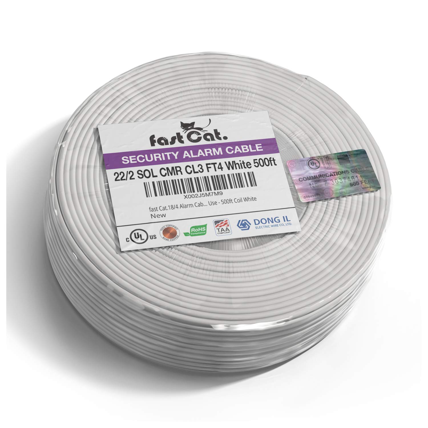 Fast Cat. 22 Awg/Gauge, 2 Conductor 500Ft, White Fire/Alarm/Security Cable   Pvc Jacket, Unshielded, (Cmr Cl3R Ft4) Rated In Wall Use  Ul Rated   Coil