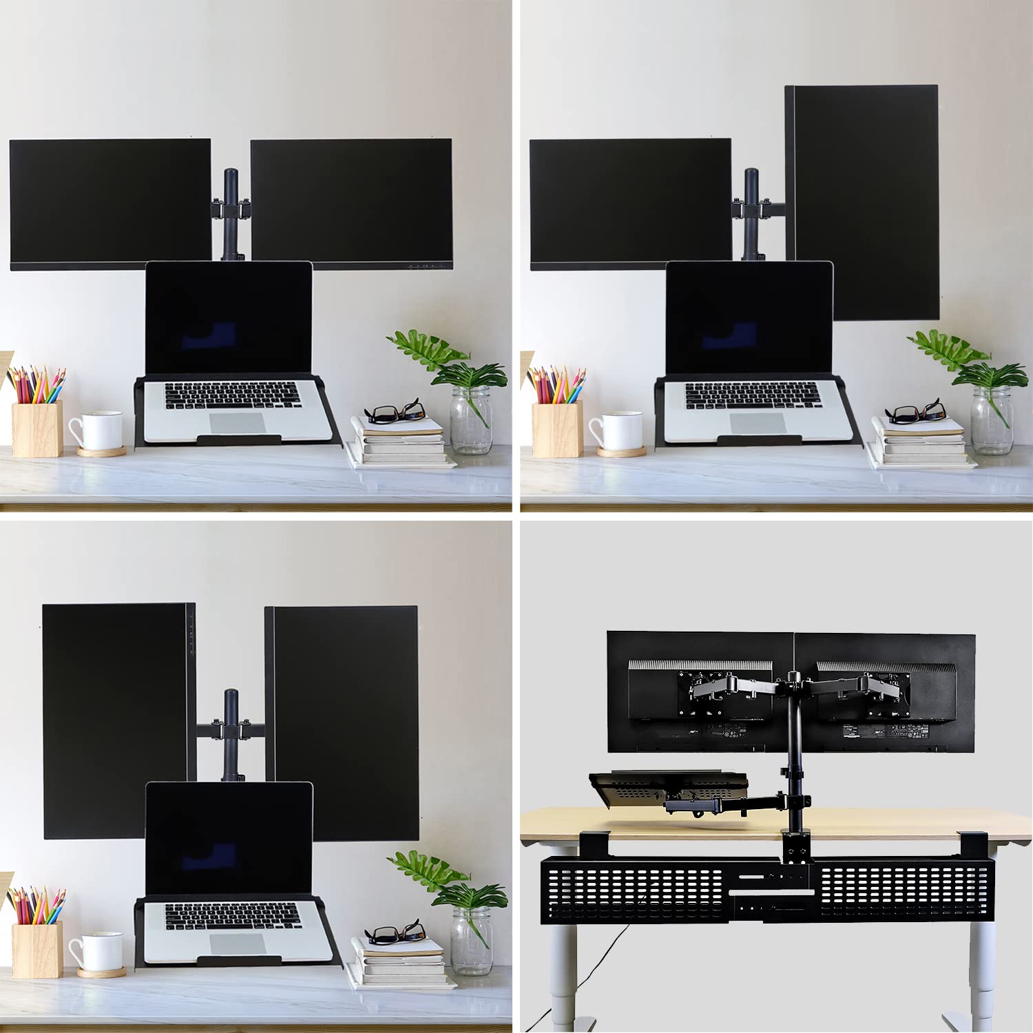 Aeons Dual Monitor And Laptop Desk Mount Combo Stand With Notebook Tray Fits 17 Inch, 3 In 1 Adjustable Triple Arm Mount Fits 27 Inch Lcd Screen With Vesa, Clamp And Cable Management, Black