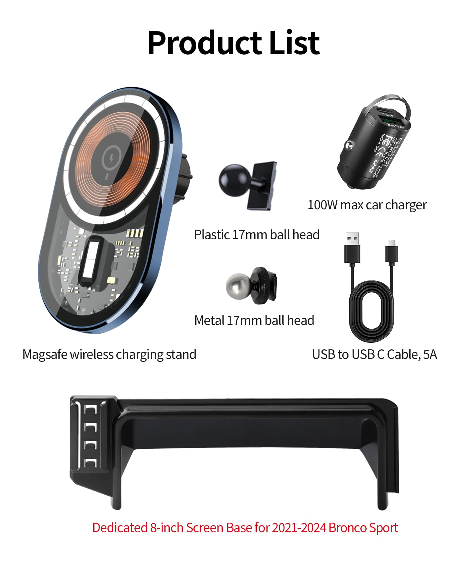 Masergogo Wireless Charging Car Phone Holder For Ford Bronco Sport 2021-2024 Accessories 8 Inch Screen Fixed Clip,360 Rotation C