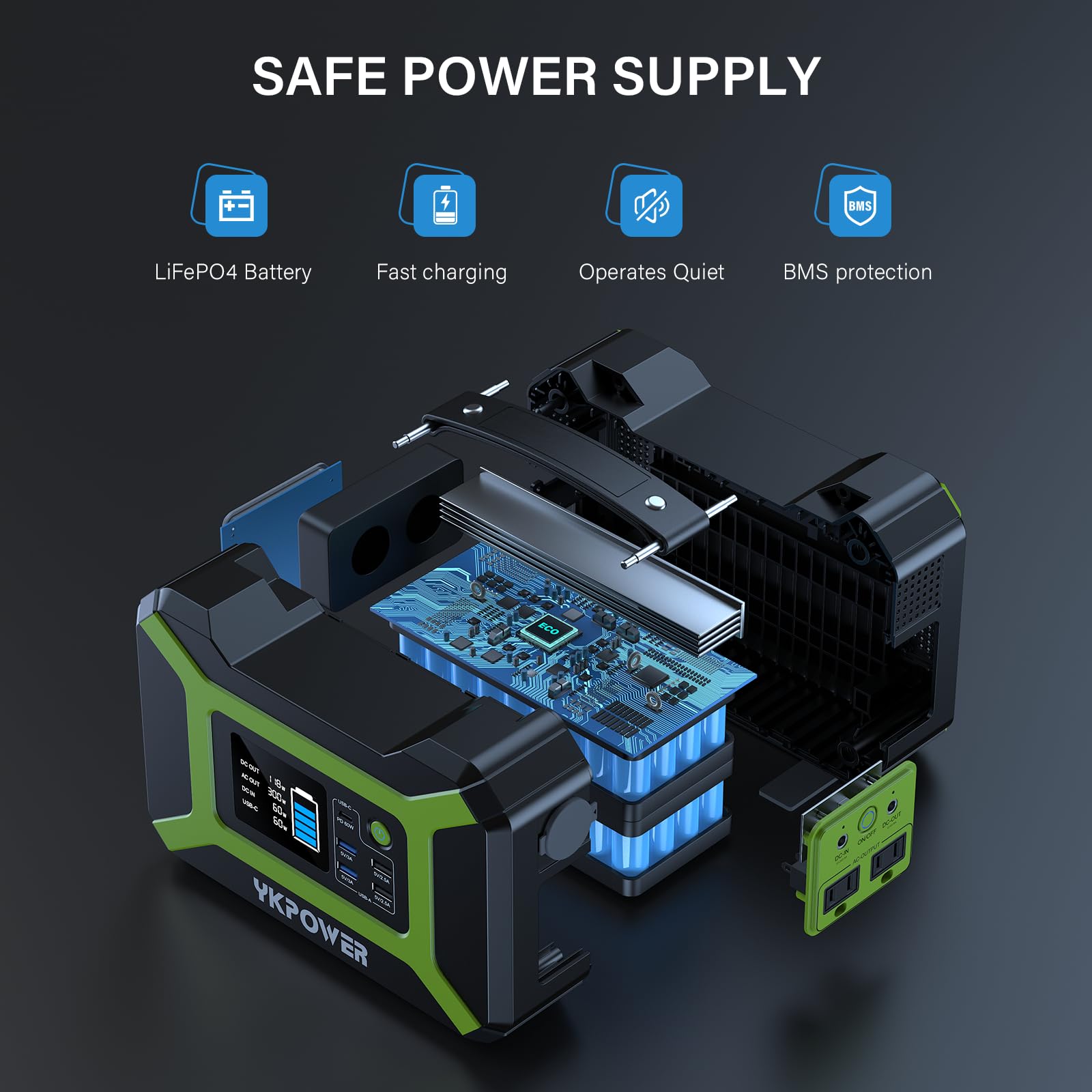 Portable Power Station 300W (Peak 600W), Ykpower 296Wh Backup Lithium Battery Solar Generator With 110V Ac Output, 60W Usb-C Pd