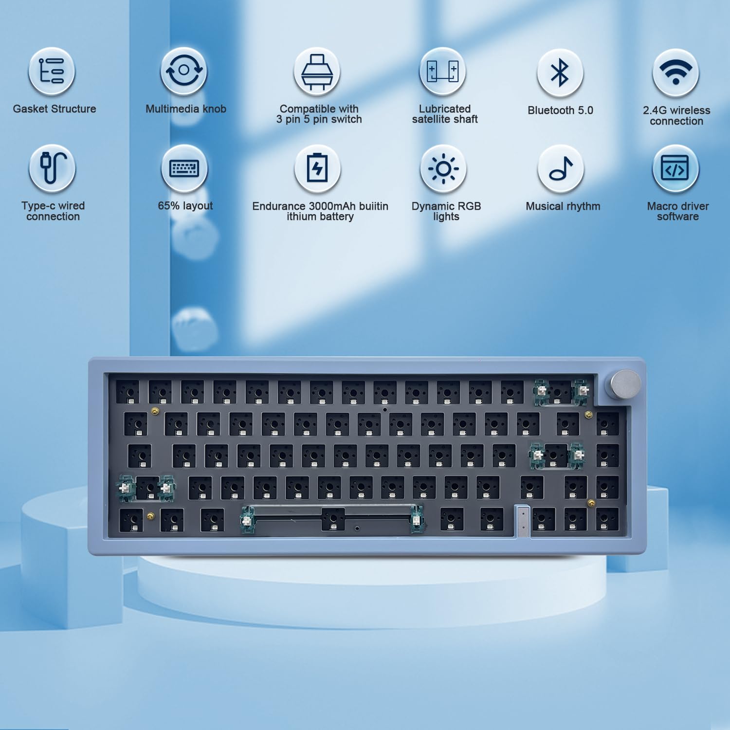 Boyi Gmk67 65% Keyboard Kit,Hot Swappable Bluetooth 5.0/2.4G/Type C Tri Mode Wireless Rgb Mechanical Keyboard Pcb Mounting Plate