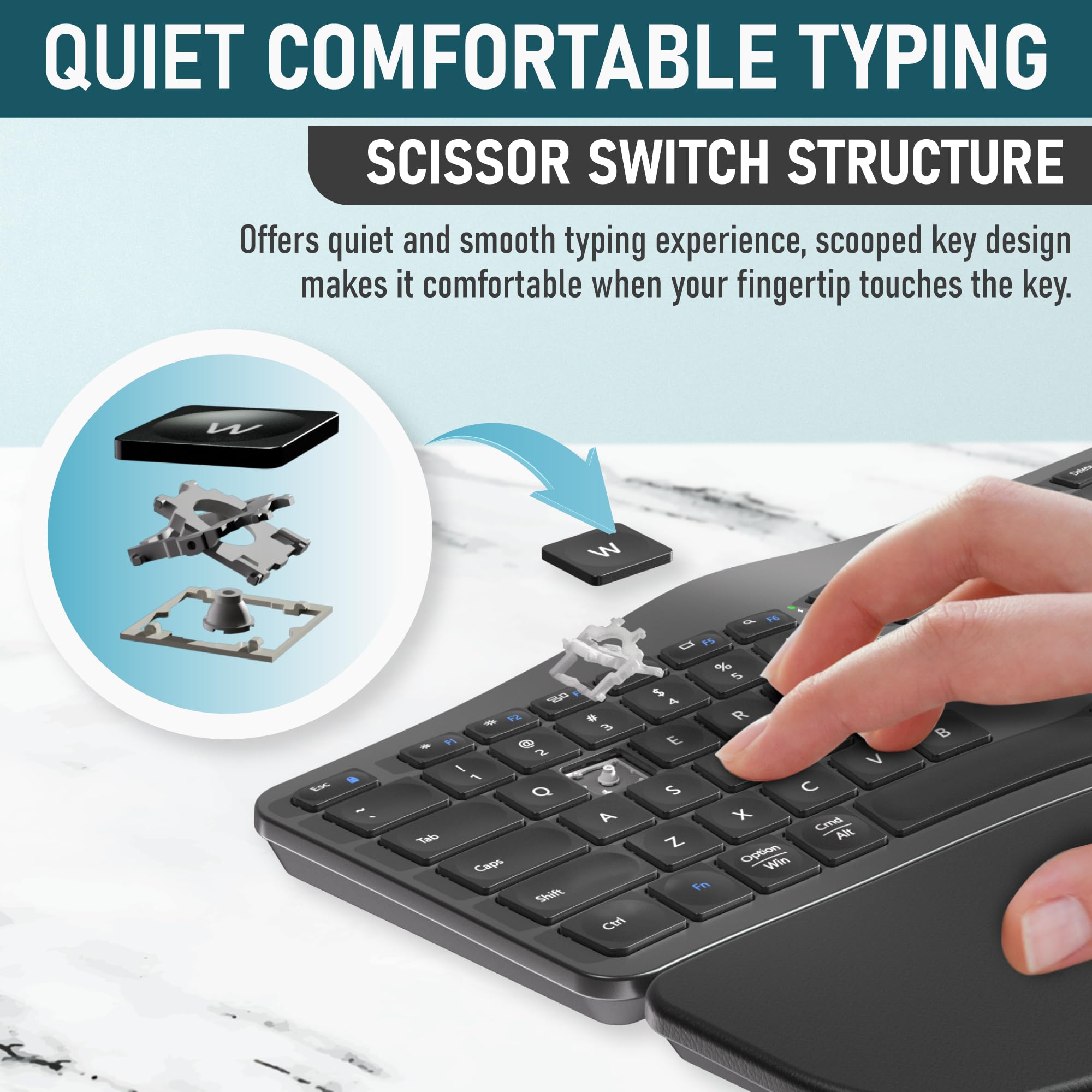 Rock&Rown Ergonomic Keyboard Wireless With Cushioned Wrist Rest, Bluetooth And 2.4G Usb Wireless, Rechargeable Split Ergonomic K
