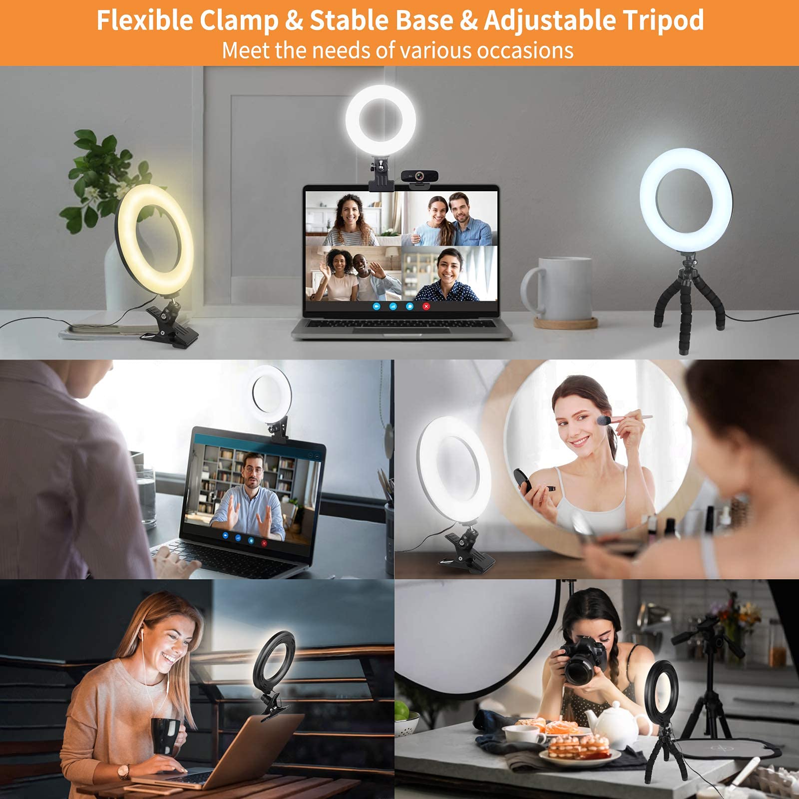 ACMEZING Video Conference Lighting Kit - Clip-On Ring Light with 5 Dimmable Colors & Brightness Levels for Webcam, Zoom, Remote Work, Live Streaming