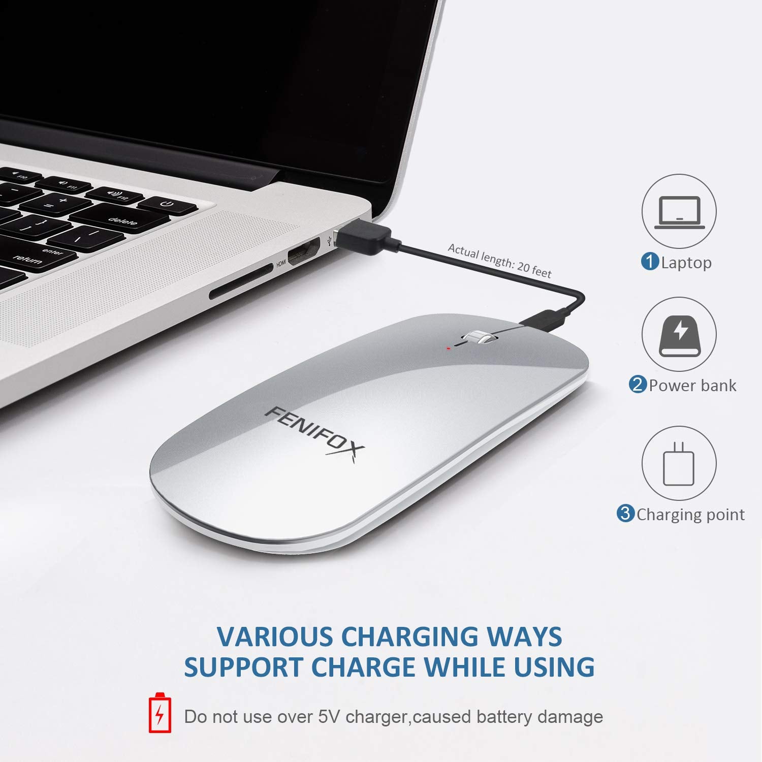 Fenifox Bluetooth Mouse, Slim Mini Portable Flat Travel Wireless Mouse Rechargeable Quiet Ultra Thin Mice Compatible With Laptop,Tablet,Notebook,Pc (Silver And White)