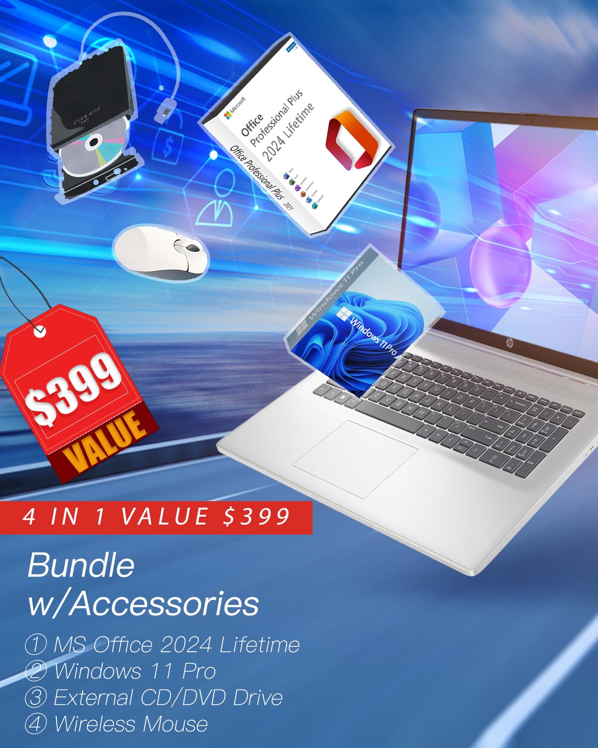 Hp Premium 17.3-Inch Touchscreen Laptop - W/Office Lifetime & Cd/Dvd Drive, Hd+ Brightview Display, Intel 7 150U(Up To 5.4Ghz) B