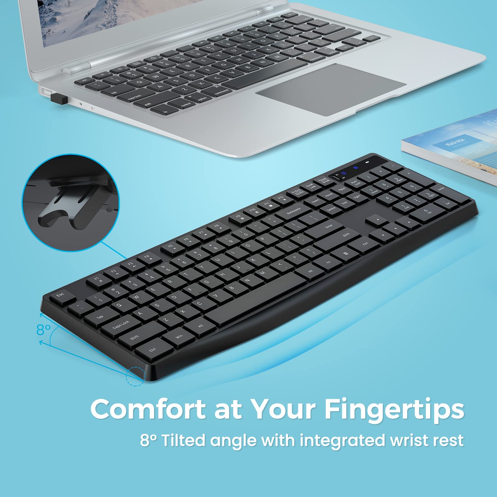 Lovaky Mk98 Wireless Keyboard, 2.4G Ergonomic, Computer Keyboard, Enlarged Indicator Light, Full Size Pc Keyboard With Numeric K