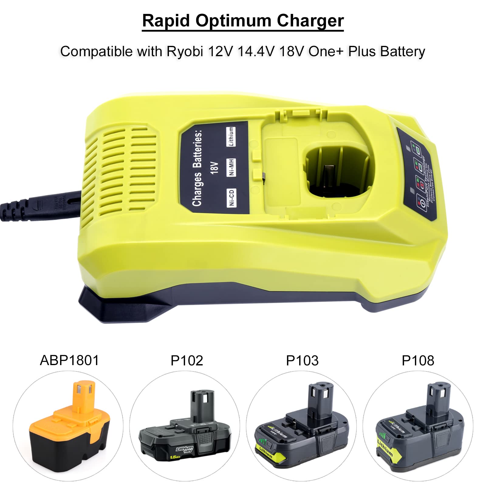 Biswaye P117 Compatible With Ryobi 18V Charger, Compatible With Ryobi 12V 18V One+ Lithium Nicad Nimh Battery P102 P108 P189 P19