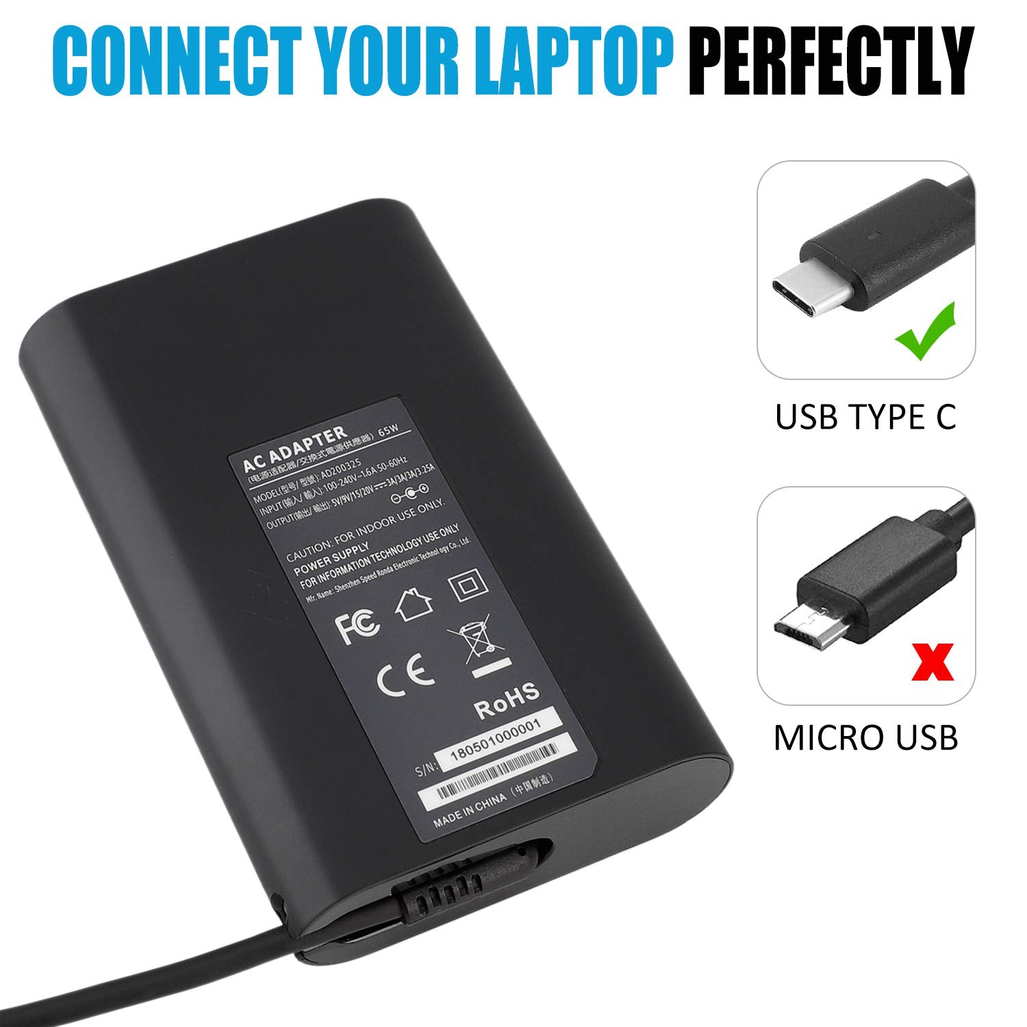 65W Usb C Type C Ac Charger For Dell La65Nm170, Da30Nm150, La45Nm150, 02Ykof, Dell Xps 12 9250, Dell Latitude 11 5175, Latitude 12 7275, Latitude 13 7370, Latitude 14 5480 Power Supply Cord