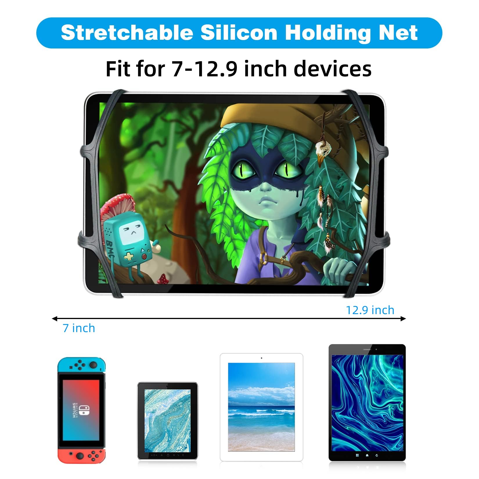 Bigasuo Car Headrest Mount Holder For Kids Tablet Holder For Car Backseat Anti Slip Strap Holding Net Adjustable Angle Seat Moun