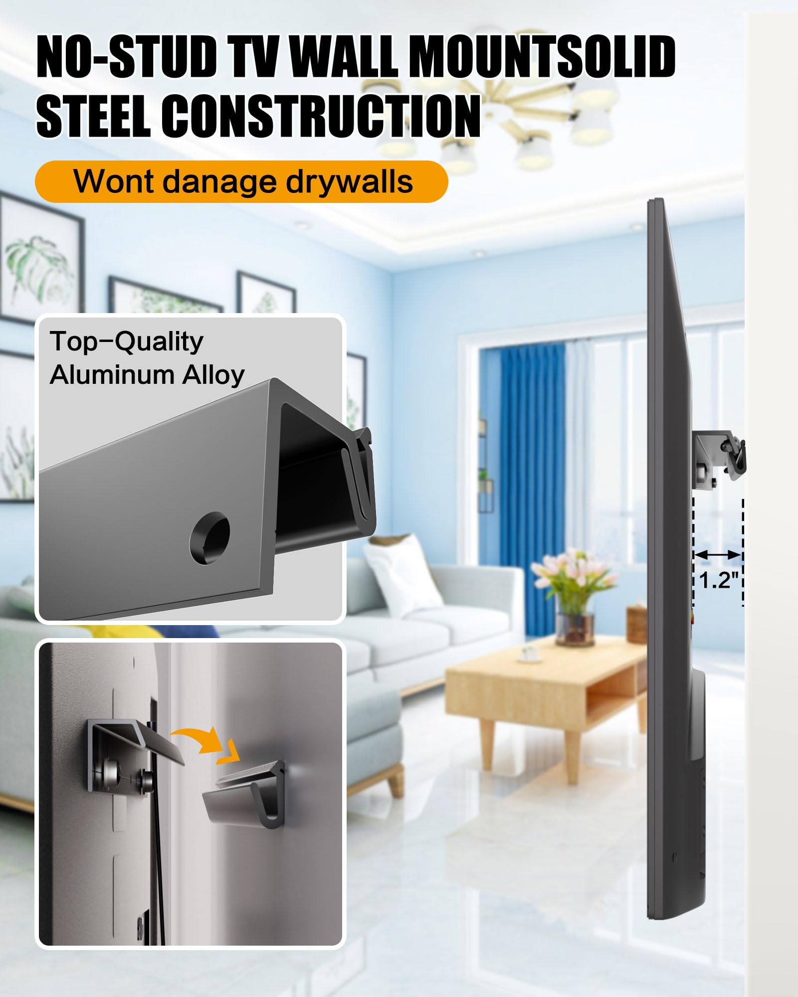 HYPIGO No Stud Drywall TV Mount - Fits 32-75 Inch TVs, Max VESA 600x400mm, Black, Easy Installation, Supports Up to 150 lbs, Model
