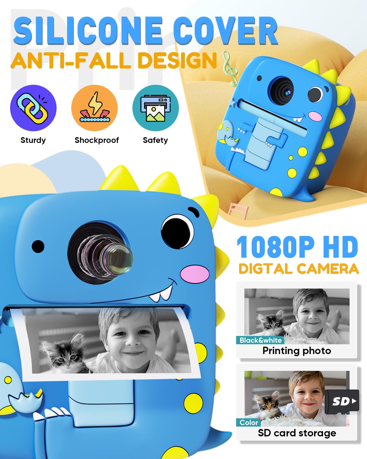 Prysyedawn Kids Camera Instant Print, Christmas Birthday Gifts For Kids Age 3 8, 1080P Digital Camera With Silicone Cover, Toddl