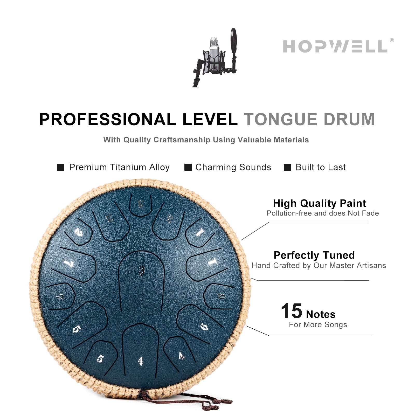 Hopwell Steel Tongue Drum   13 Inches 15 Notes Tongue Drum   Hand Pan Drum With Music Book, Handpan Drum Mallets And Carry Bag,