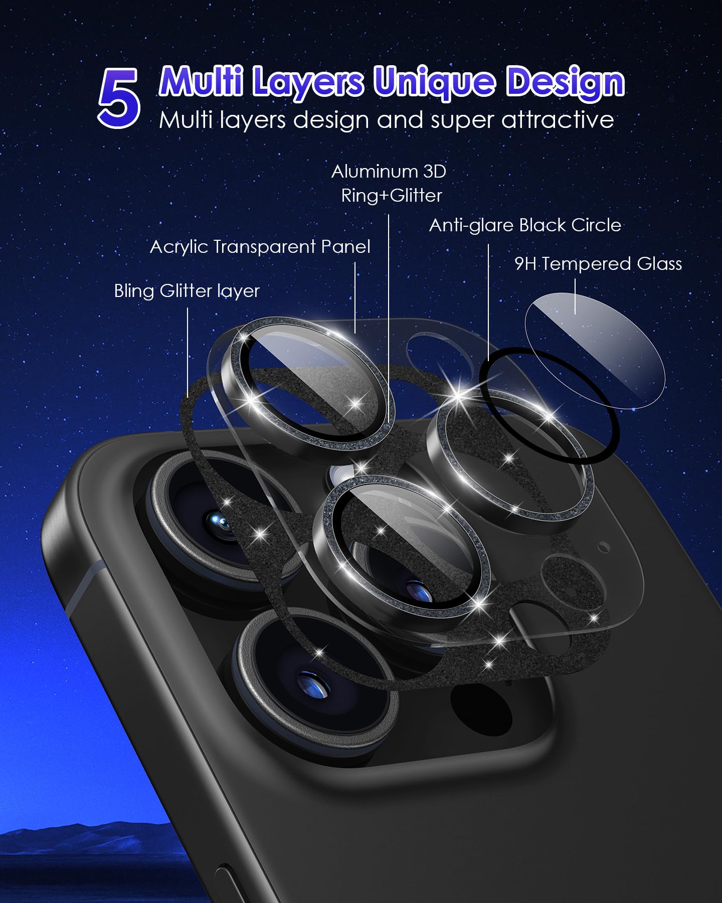 Kanosan For Iphone 16 Pro Max/Iphone 16 Pro/Iphone 14 Pro/Iphone 14 Pro Max Camera Lens Protector Glitter Plus 9H Tempered Glass