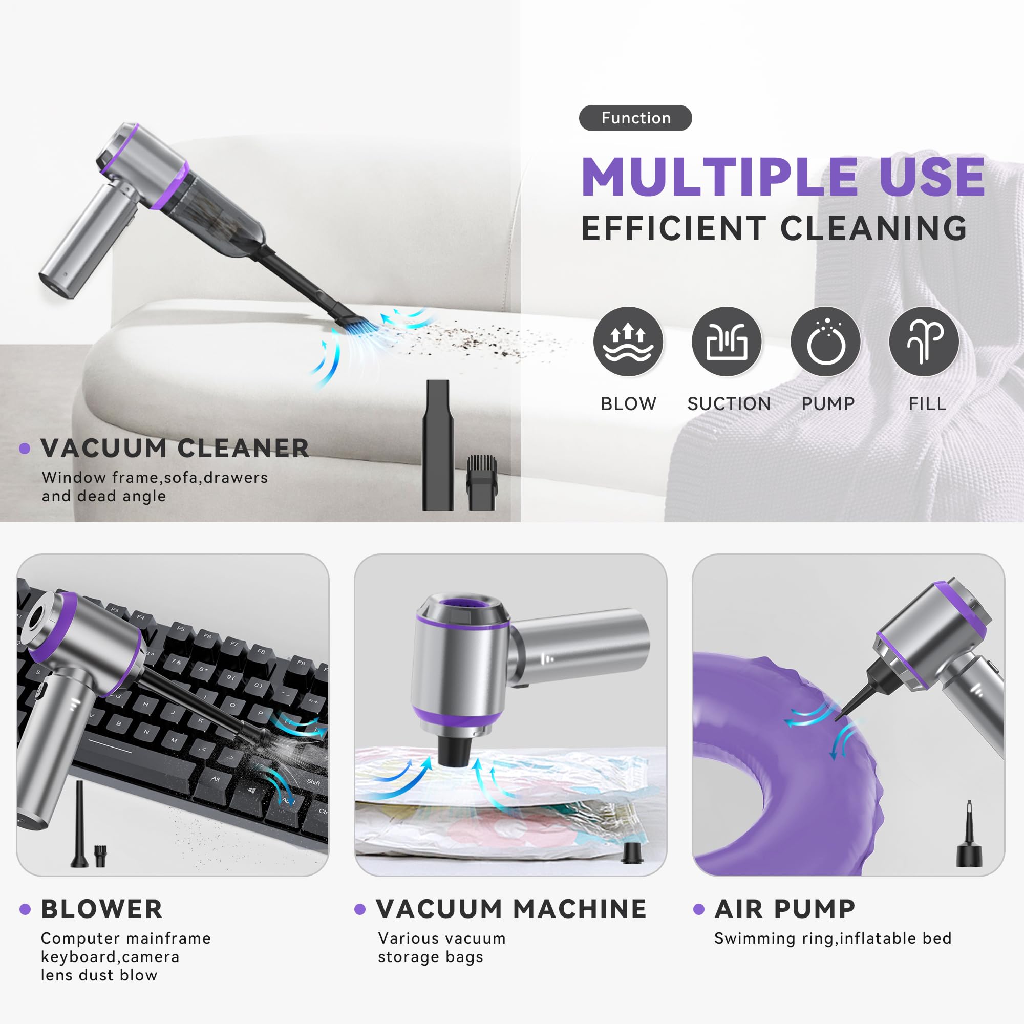 Car Vacuum Cleaner, Mini Handheld Vacuum Cordless 16000Pa 120W Powerful Brushless, Low Noise Rechargeable Mini Vacuum For Car, H