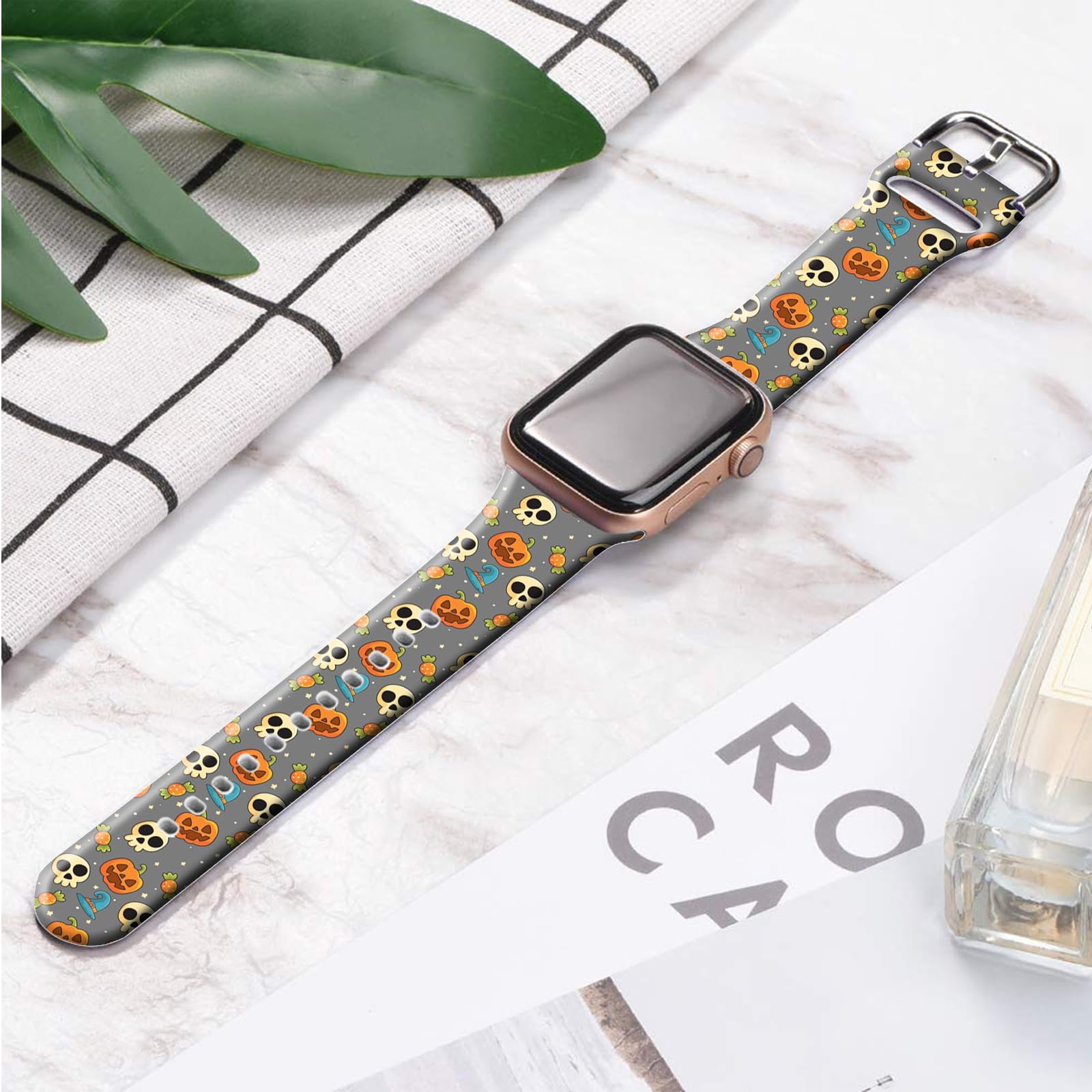 Ftfcase Fall Halloween Floral Silicone Bands Compatible With Apple Watch 49Mm 45Mm 44Mm 42Mm, Pumpkin Skull Gray Flower Sport St