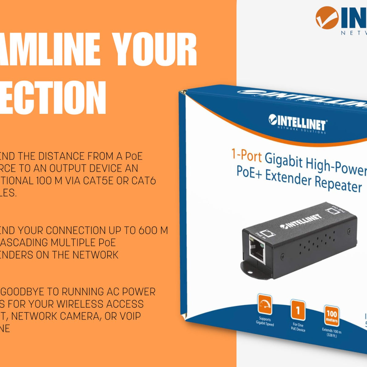Intellinet 1 Port Indoor Gigabit Poe+ Extender Repeater 25W Power Budg ...