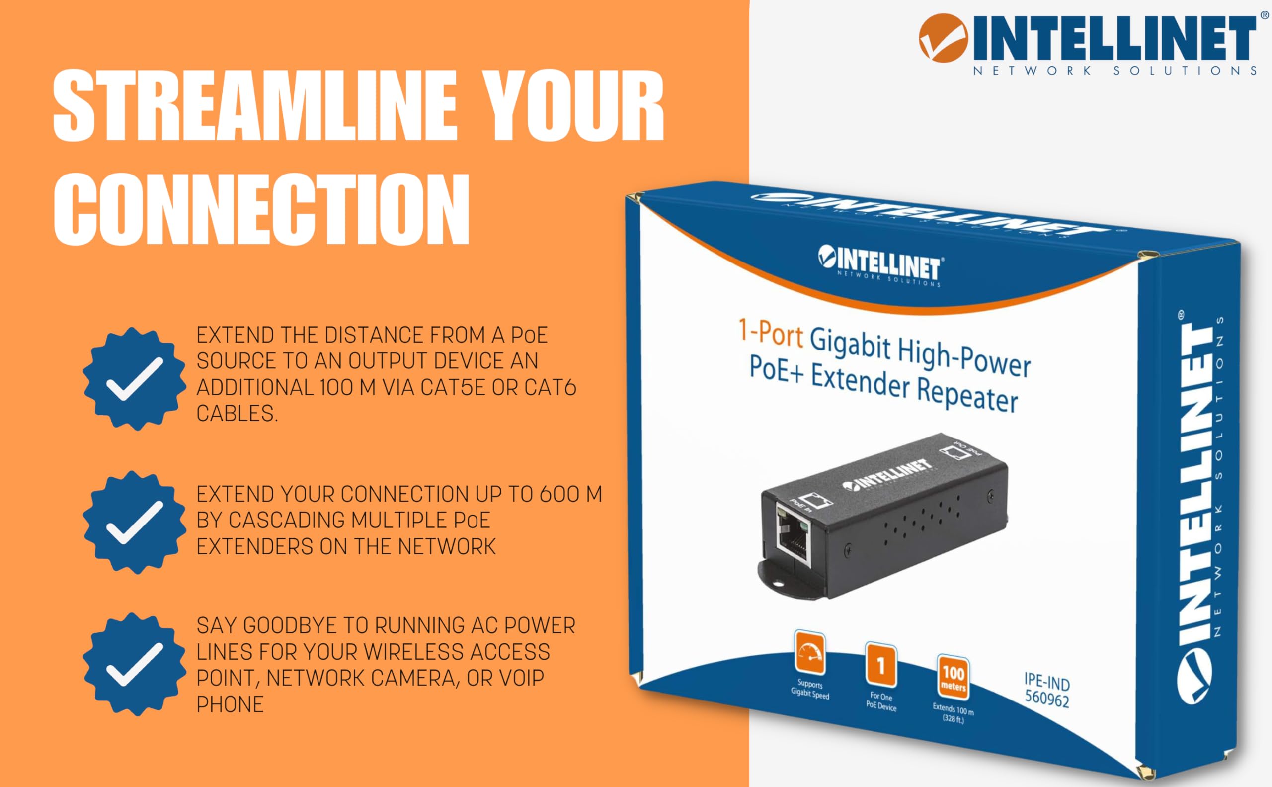 Intellinet 1 Port Indoor Gigabit Poe+ Extender Repeater   25W Power Budget Via Cat5E Cat6 Rj45 Ethernet Network Cables, Daisy Ch