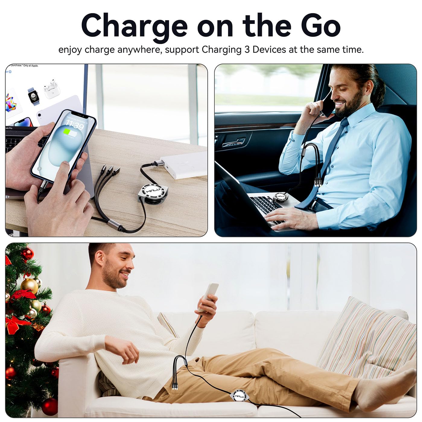 Minlu Multi Charging Cable 4A, 2Pack 4Ft Retractable Multi Fast Charger Cable, Multiple Charging Cord, 4 In 1 Multi Usb Cable Wi