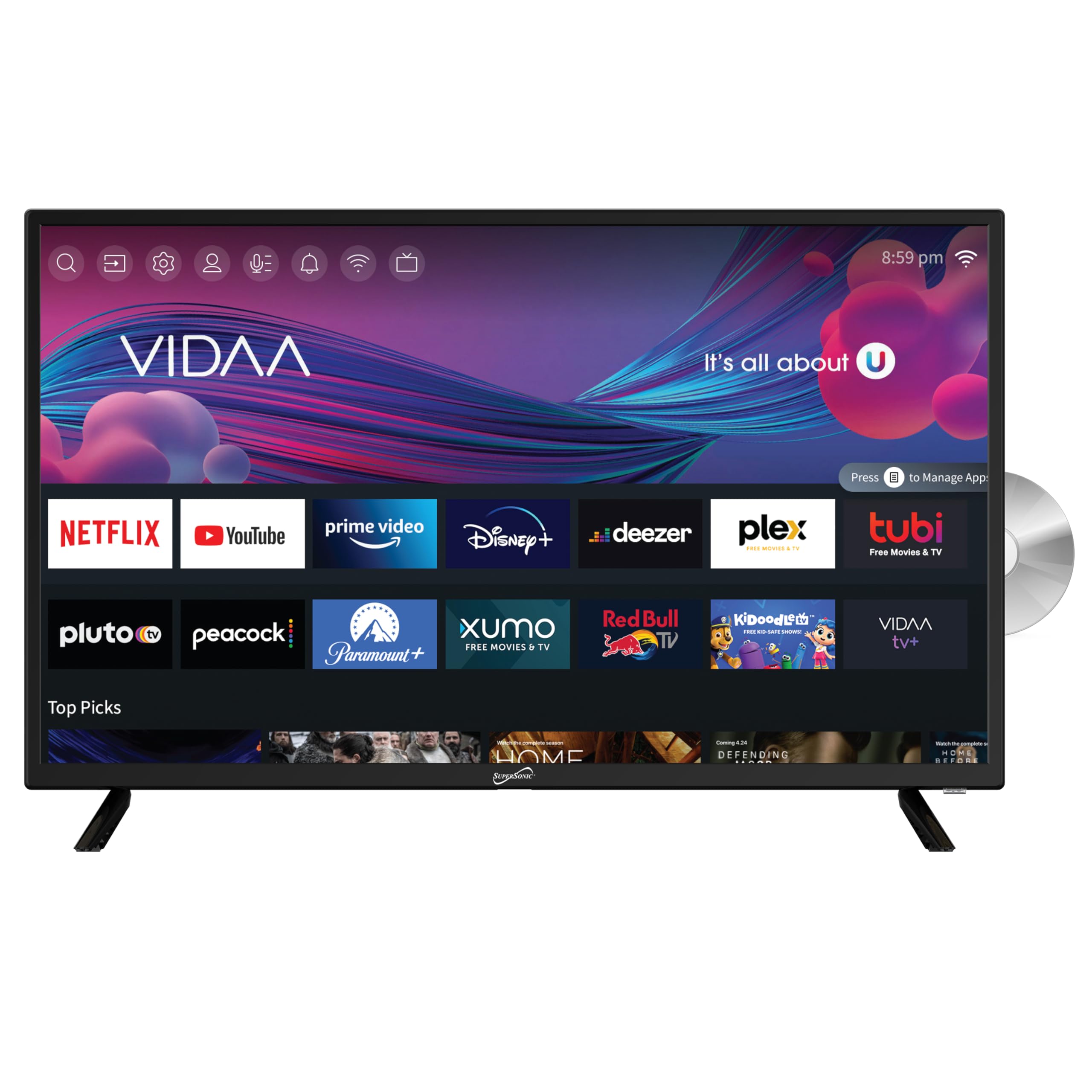 Supersonic Sc 3226Sdvd 32 Inch Led Smart Hdtv W/Dvd Player, Atsc & Ntsc System, 3X Hdmi, 1080P, Wifi, Usb, Multi Language Osd, A