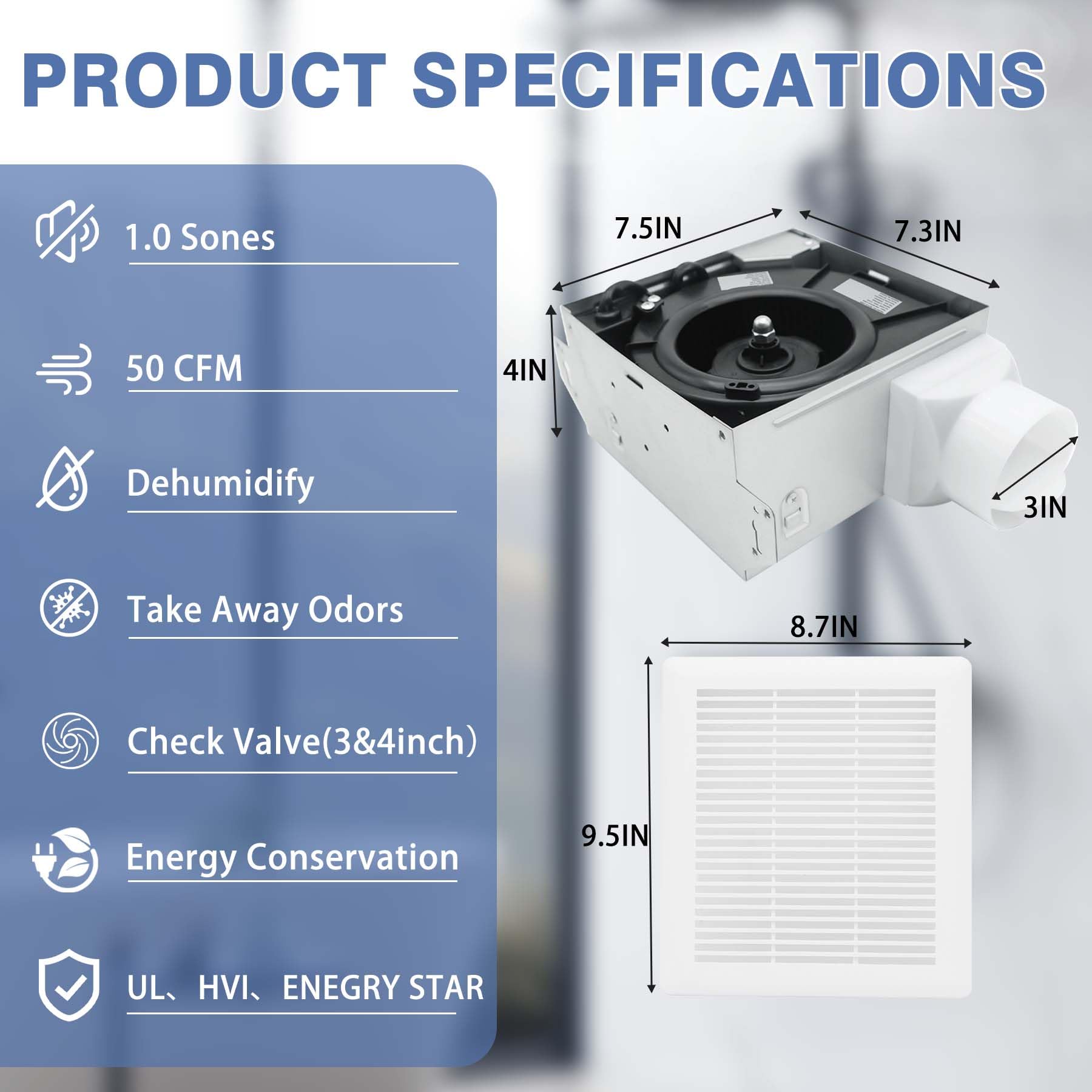 Powereng Bathroom Exhaust Fan,50 Cfm 1.0Sones Quiet Bathroom Ceiling Fan,4 Inches Duct,White,120V Vent Fan Ceiling For Bathroom/