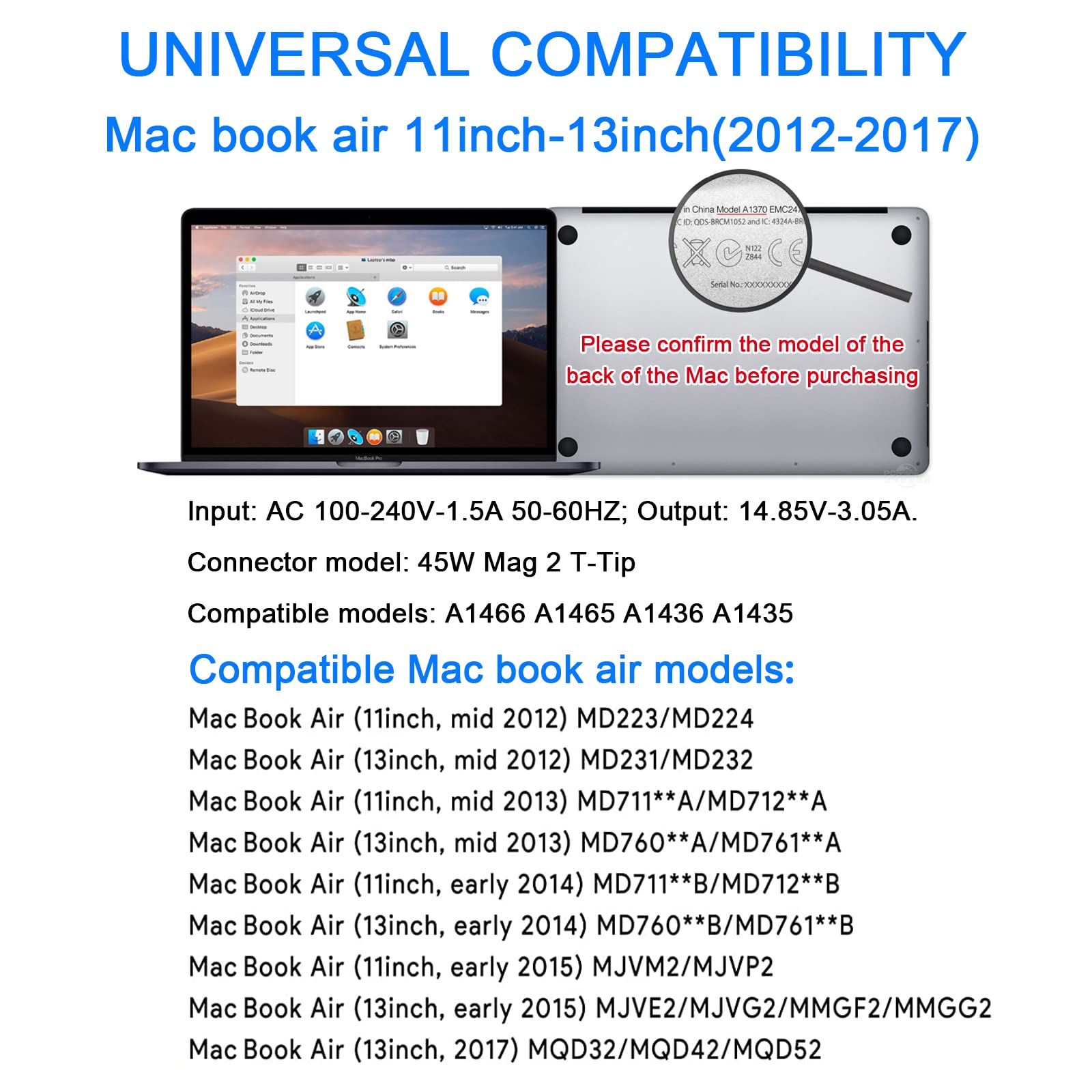 Mac Book Air Charger, Replacement Ac 45W T Tip Power Adapter Laptop Charger For Mac Book Air 11 Inch And 13 Inch