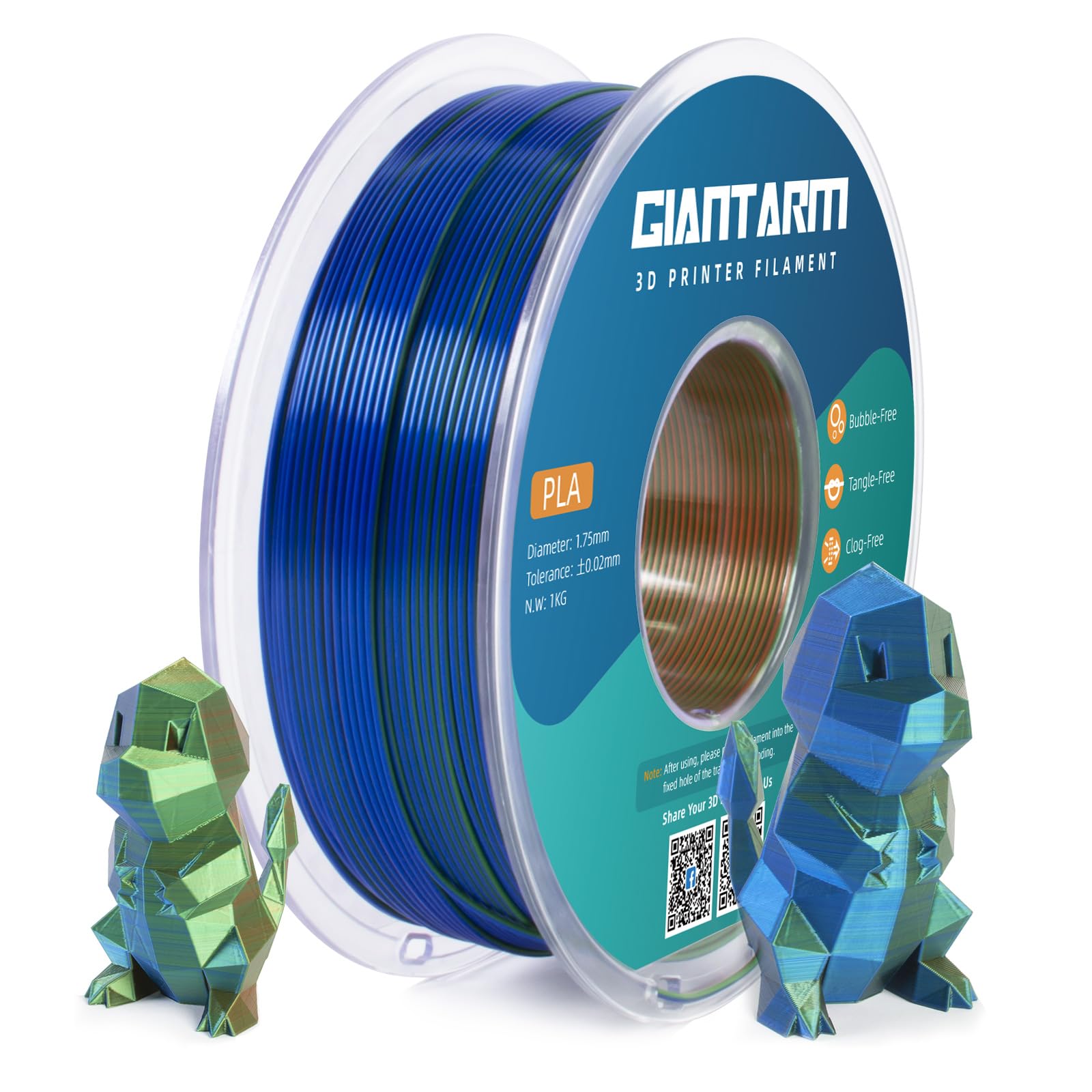Giantarm Tri Colors Silk Pla Filament, 3D Printer Filament 1.75Mm +/ 0.02Mm, 1Kg (2.2Lbs) Spool, Vacuum Packaging (Orange+Blue+G