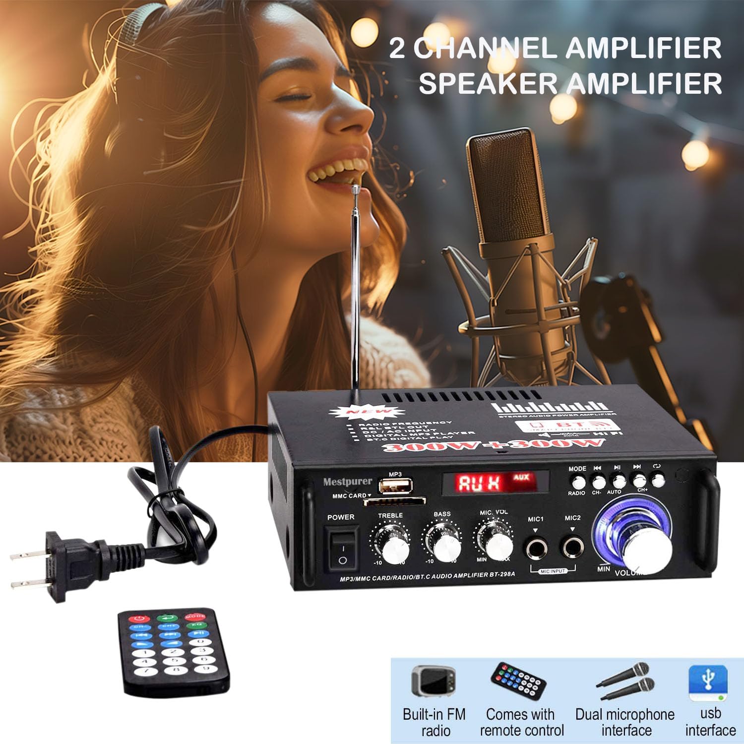 Mestpurer Stereo Power Amplifier With Wireless Bluetooth   Led Display Power Amp, Audio Amplifier For Speakers With Dual Channel