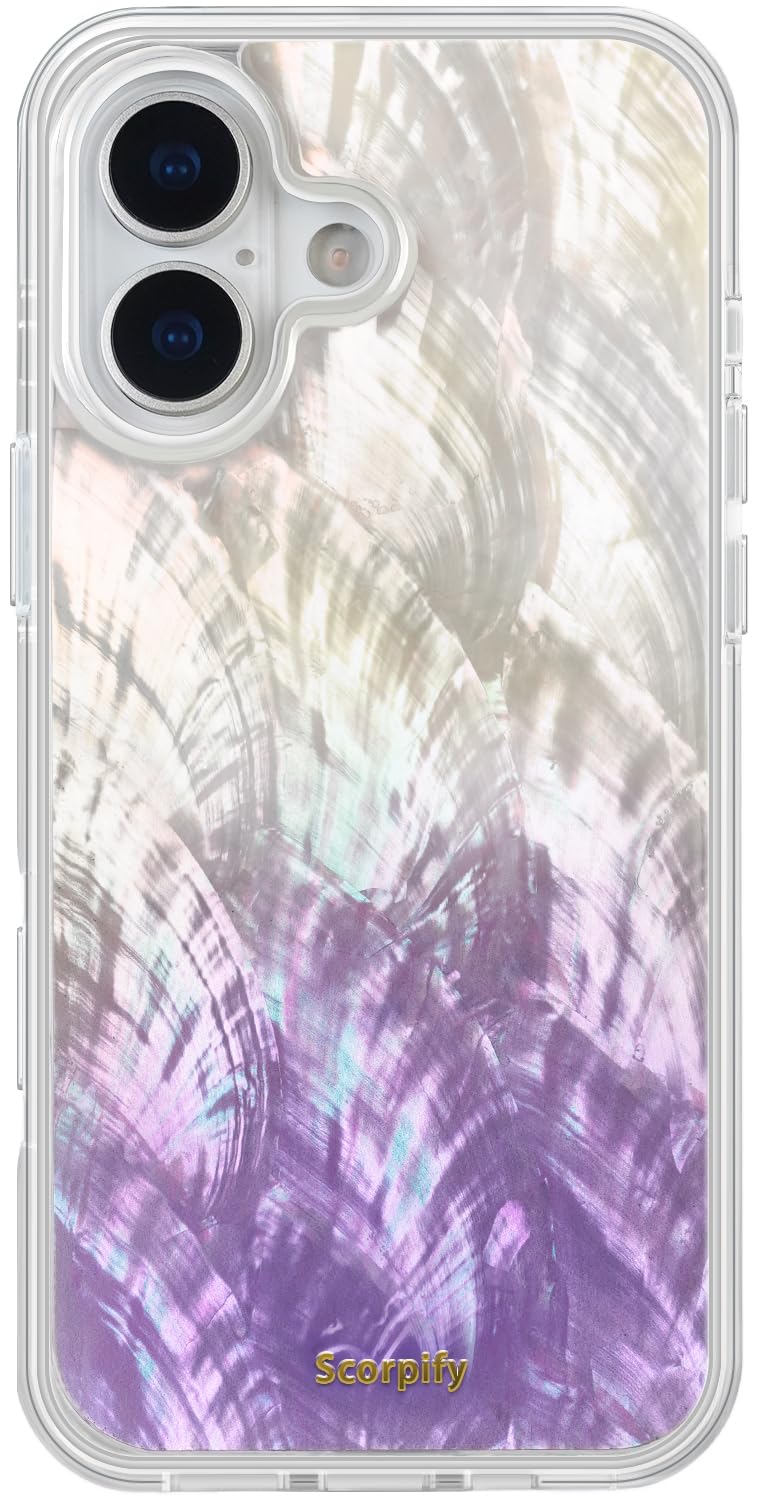 SCORPIFY for iPhone 16 Case [Compatible with MagSafe] with Genuine Purple Mother of Pearl Design and Seashell Pattern, Cute Clea