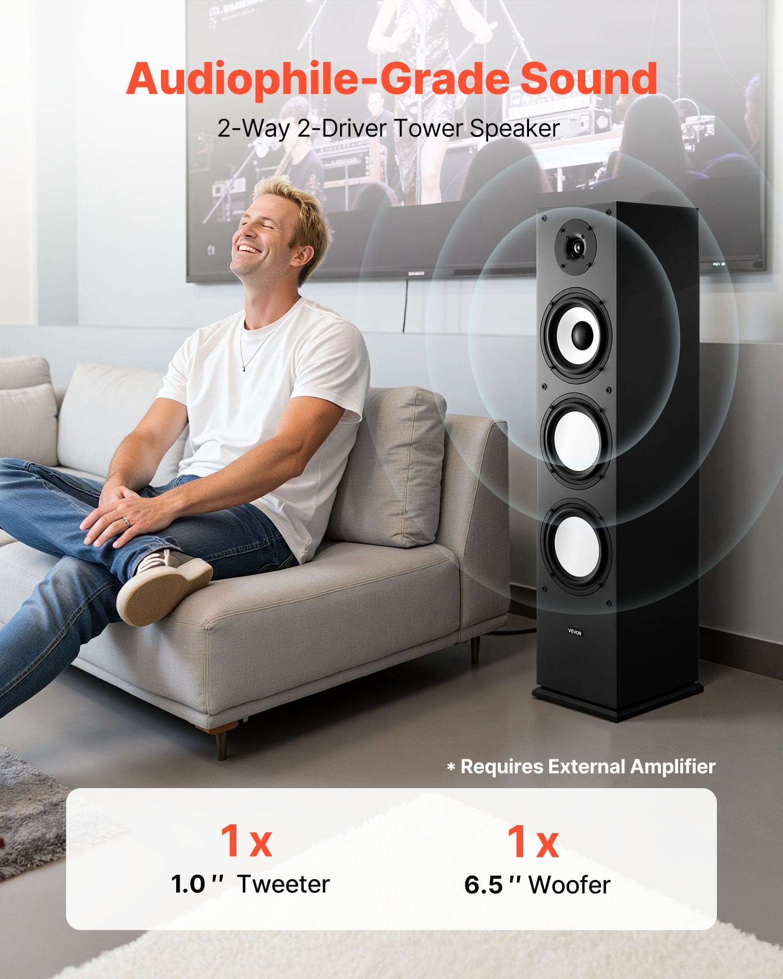 Vevor Passive Floorstanding Speaker, 2-Way, Floor-Standing Tower Speaker With 1-Inch Tweeter, 6.5-Inch Woofer, 200W Peak, 70Hz-2