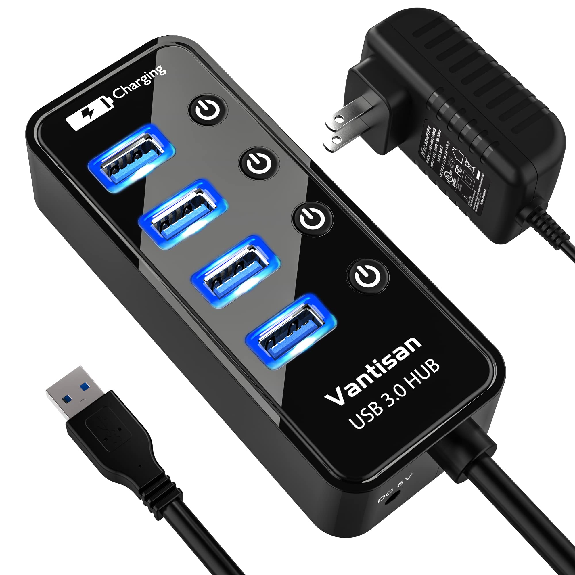 Vantisan Powered Usb 3.0 Hub, Usb Extension 4 Port Usb Hub Splitter (4 Usb 3.0 Data Ports+1 Smart Charging Port) With 5V/3A Powe