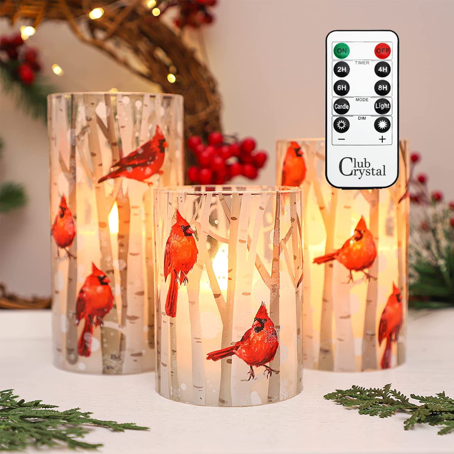 Crystal Club Flameless Candles, Cardinal Theme, (Set Of 3) Battery Operated Led Candles With Remote, Real Wax & Glass Effect Can