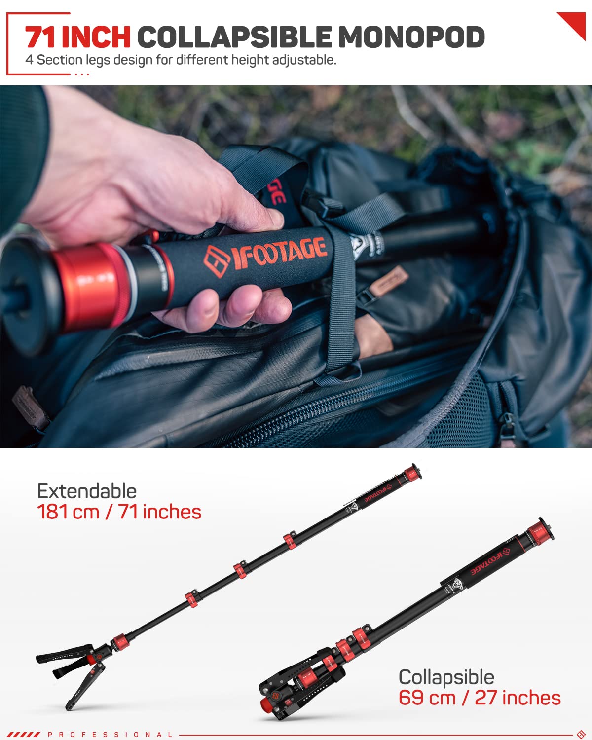 Ifootage 71'' Aluminum Monopod, Cobra 3 A180F, Telescopic Video Monopod With Feet, Professional Monopod For Dslr Cameras, Portab