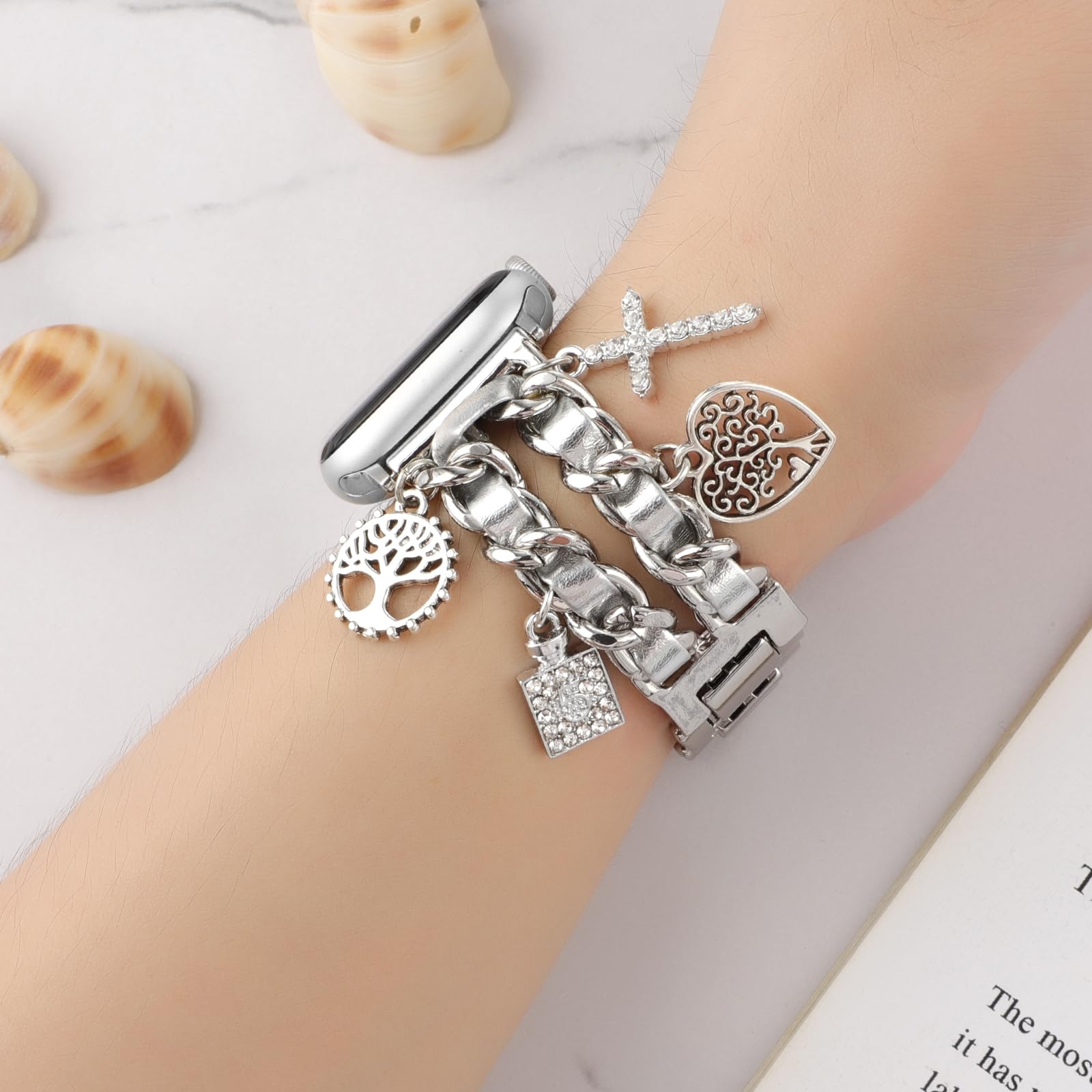 Realsign Stylish Metal Wristband Compatible With Apple Watch Band 38Mm 40Mm 41Mm,Cuban Chain Bracelet Tree Of Life Cross Pendant